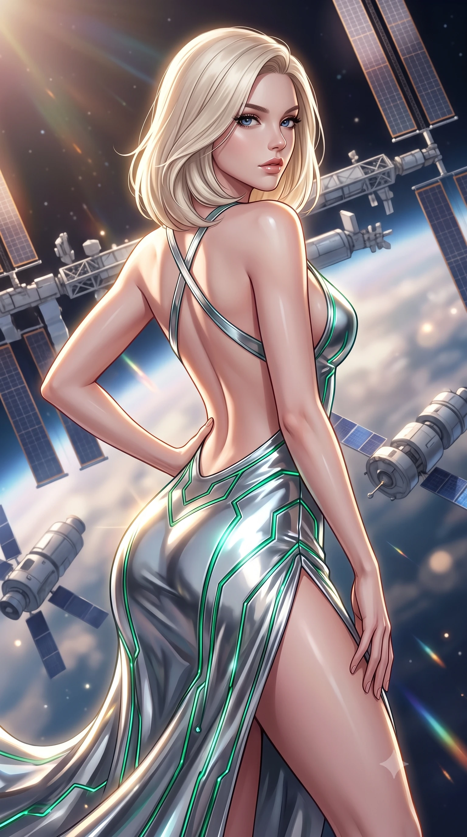 score_9, masterpiece, best quality, ultra-detailed, high-budget anime keyframe, semi-realistic 3D game render, editorial fashion photography, tasteful artistic composition, Caucasian woman. close-up cowboy shot from the waist and thighs up, the character dominates the composition, filling the frame with her large presence. twisting her upper body in a dynamic S-curve with commanding allure, one hand resting on her slender waist with haughty grace while arching her spine in a fluid zero-gravity turn as solar wind flares and cosmic rays trace her statuesque silhouette. The composition keeps background elements in soft focus with creamy bokeh. orbital solar array trusses and satellite modules softened in smooth cosmic atmospheric focus. She has an exceptionally elegant, slender, and willowy female figure with an ultra-slim waist, a gracefully sculpted slender torso, toned flat midriff, and a refined slim silhouette. sharp v-shaped jawline, high-bridge nose, intricate jewel-like eyes with depth, thick eyelashes, glossy lips with a natural sheen, flawlessly proportioned anatomical accuracy, strict slender model proportions, natural body alignment, perfectly sculpted long slender limbs, ultra-slim waistline, clean dynamic posture without body distortion. wearing a backless molten silver liquid-metal gown with a high-cut side slit and precision-fitted waist boning in radiant emerald green circuit lines and polished silver sheen, formed from high-gloss patent material with specular chiaroscuro reflections, complemented by criss-cross back straps highlighting her completely bare spine, the liquid-tight tailored fabric emphasizing every curve of her tall, slender model proportions and sculptured silhouette during dynamic movement. illuminated by crisp gold specular highlights sharply defining her ultra-slim waist, long legs, and flat midriff. rich saturated anime colors with glowing neon highlights, detailed shading with soft gradients, rich glossy textures, high-contrast stereoscopic depth, volumetric dynamic lighting, master piece, 9:16 ratio