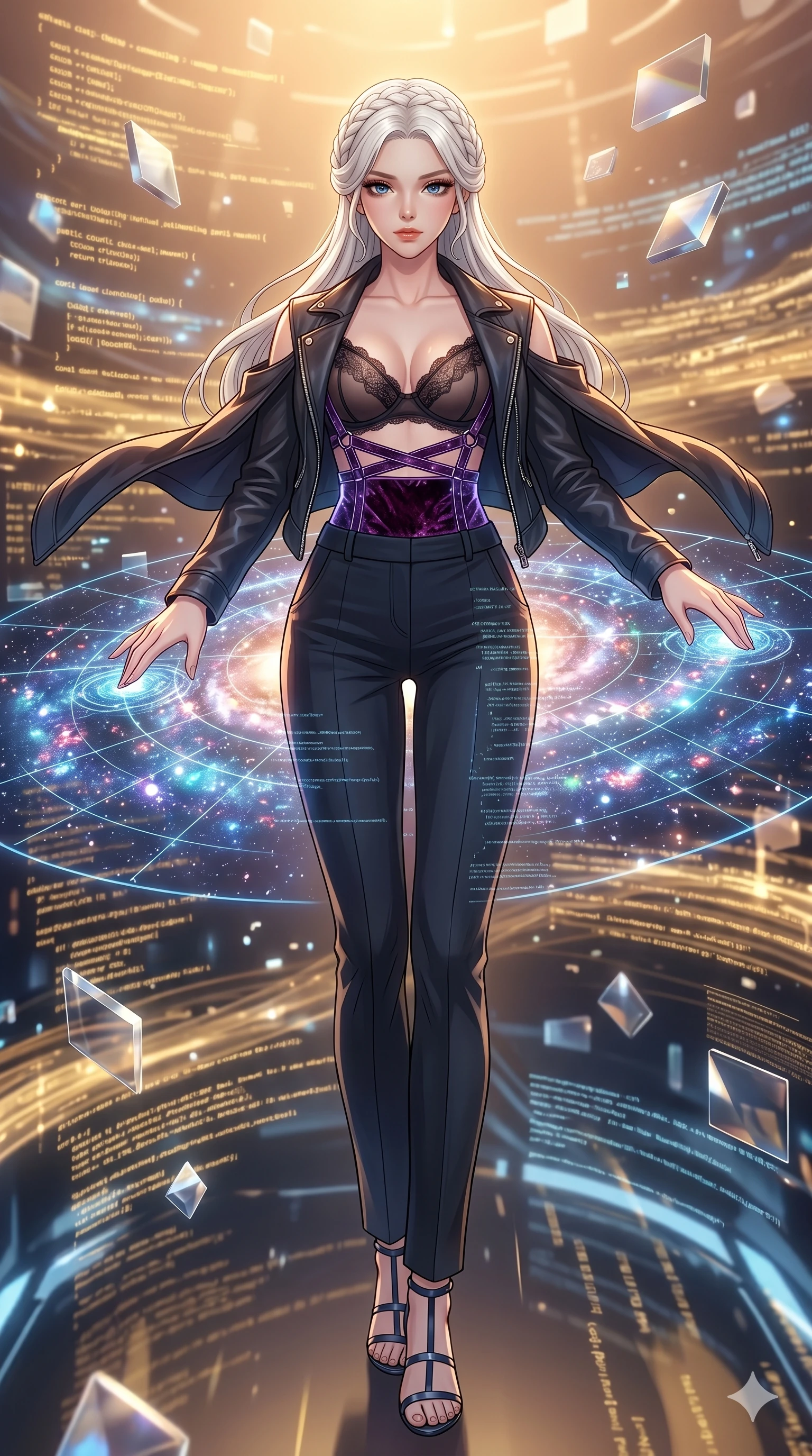 score_9, masterpiece, best quality, ultra-detailed, High-budget Anime Keyframe, vibrant colors, fluid line-art, expressive lighting, cinematic composition, Ufotable-style visual effects, top-tier animation quality, Korean woman with idol-like refined features. Dramatic low angle looking up at her majestic stature, dominating the vertical space of the composition. Scanning a massive 3D holographic map of the entire galaxy, her eyes reflecting the glow of thousands of stars. She has an absolutely perfect 8-heads proportion, an exceptionally tall and slender female figure with impossibly long slender legs and an ultra-slim waist, her statuesque height and towering silhouette dominating the vertical 9:16 frame. Her face is a masterpiece featuring a sharp v-shaped jawline, high-bridge nose, intricate jewel-like eyes with depth, thick eyelashes, and glossy lips with a natural sheen. She is wearing a Unzipped deeply leather jacket over a delicate sheer lace bra and a high-waisted harness crafted from Crushed dark velvet with a deep, rich texture that absorbs light and glows at the edges, boasting shoulder cut-outs and a glowing spinal interface visible through the back. The scene is set in an abstract digital void with floating golden geometric shapes and rivers of flowing code, illuminated by golden hour sunlight that gives her skin a warm, radiant glow. 2k, ultra detail, master piece, 9:16 ratio