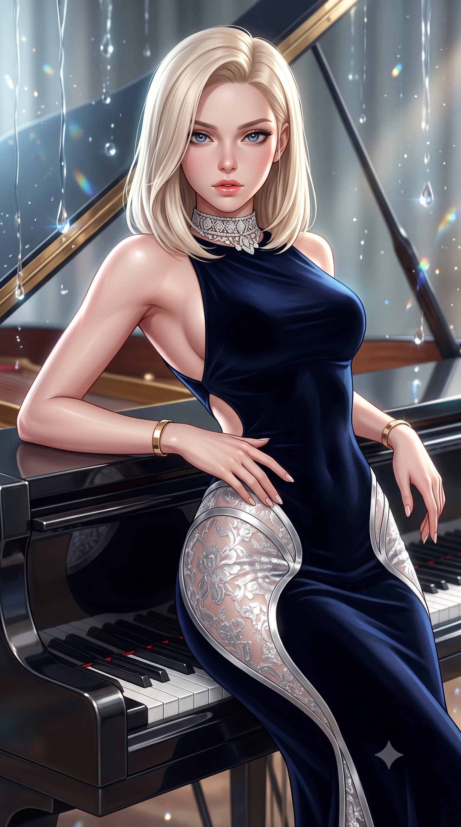 score_9, masterpiece, best quality, ultra-detailed, high-budget anime keyframe, semi-realistic 3D game render, editorial fashion photography, tasteful artistic composition, Caucasian woman. close-up cowboy shot from the waist and thighs up, the character dominates the composition, filling the frame with her large presence. resting one manicured hand delicately on her hip bone, her upper body turning in a fluid, seductive S-curve while parted lips glisten in the light while reclining across the polished lacquer lid of a grand piano propped on one elbow, arching her lower back to accentuate her feminine curves as she gazes into the lens. The composition keeps background elements in soft focus with creamy bokeh. streaming glass raindrop tracks and crystal glass refractions scattering melancholic light motes. She has an exceptionally elegant, slender, and willowy female figure with an ultra-slim waist, a gracefully sculpted slender torso, toned flat midriff, and rounded feminine hips creating an alluring hourglass silhouette. sharp v-shaped jawline, high-bridge nose, intricate jewel-like eyes with depth, thick eyelashes, glossy parted lips with a natural sheen, intensely captivating and seductive bedroom-eyes expression, flawlessly proportioned anatomical accuracy, strict slender model proportions, natural body alignment, perfectly sculpted long slender limbs, ultra-slim waistline, clean dynamic posture without body distortion. wearing a form-contouring midnight velvet mermaid gown with curved architectural hip cutouts in shimmering silver mercury and pearl white, formed from shimmering floral lace over smooth opaque silk lining, complemented by a bold diamond choker and minimalist gold cuffs, the precision-cut side openings and low-back scoop framing her graceful spine and the sensual sweep of her hips. illuminated by sleek metallic reflections sculpting her sculpted collarbones, ultra-slim waist, and curvy hips. highly saturated vibrant anime colors, detailed shading with soft gradients, rich glossy textures, high-contrast stereoscopic depth, volumetric dynamic lighting, master piece, 9:16 ratio