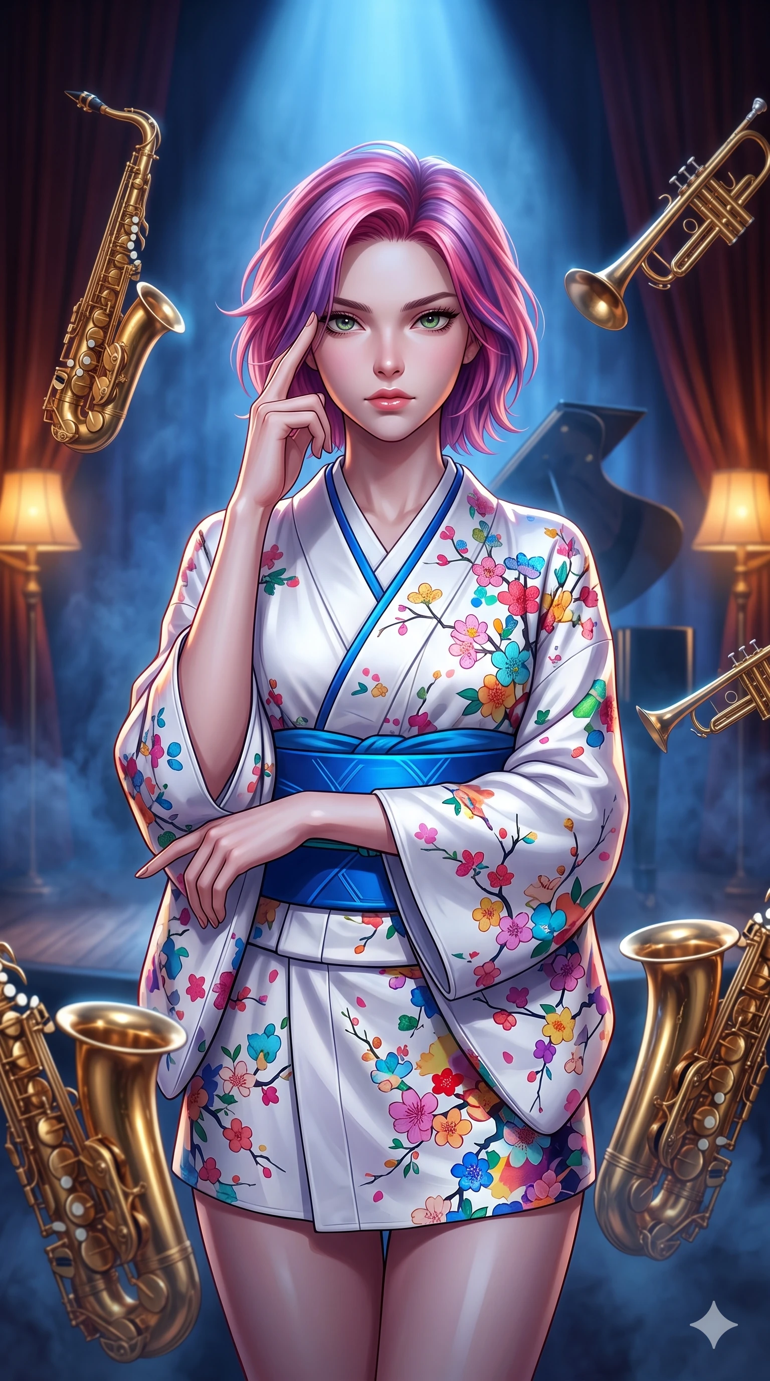 score_9, masterpiece, best quality, ultra-detailed, high-budget anime keyframe, editorial fashion photography, tasteful artistic composition, Caucasian woman, strictly human ears. close-up cowboy shot from the waist and thighs up, the character dominates the composition, filling the frame with her large presence, background elements kept in soft focus. Pressing two fingers to her temple in a composed thoughtful gesture. set against a soft-focus background of commanding the spotlight on a velvet-curtained jazz club stage surrounded by floating brass saxophones and trumpets that gleam in the smoky blue atmosphere with a grand piano hovering behind her. She has an exceptionally elegant and slender, willowy female figure with an ultra-slim waist, a gracefully sculpted slender torso, and a refined slim physique. sharp v-shaped jawline, high-bridge nose, intricate jewel-like eyes with depth, thick eyelashes, glossy lips with a natural sheen. wearing a modernized cyber-kimono in white silk with a vibrant multi-colored sakura print, bound by an electric-blue structured obi belt. a single cool blue spotlight from above creating dramatic stage shadows with warm amber accent lights from vintage floor lamps gilding the edges. 2k, ultra detail, master piece, 9:16 ratio
