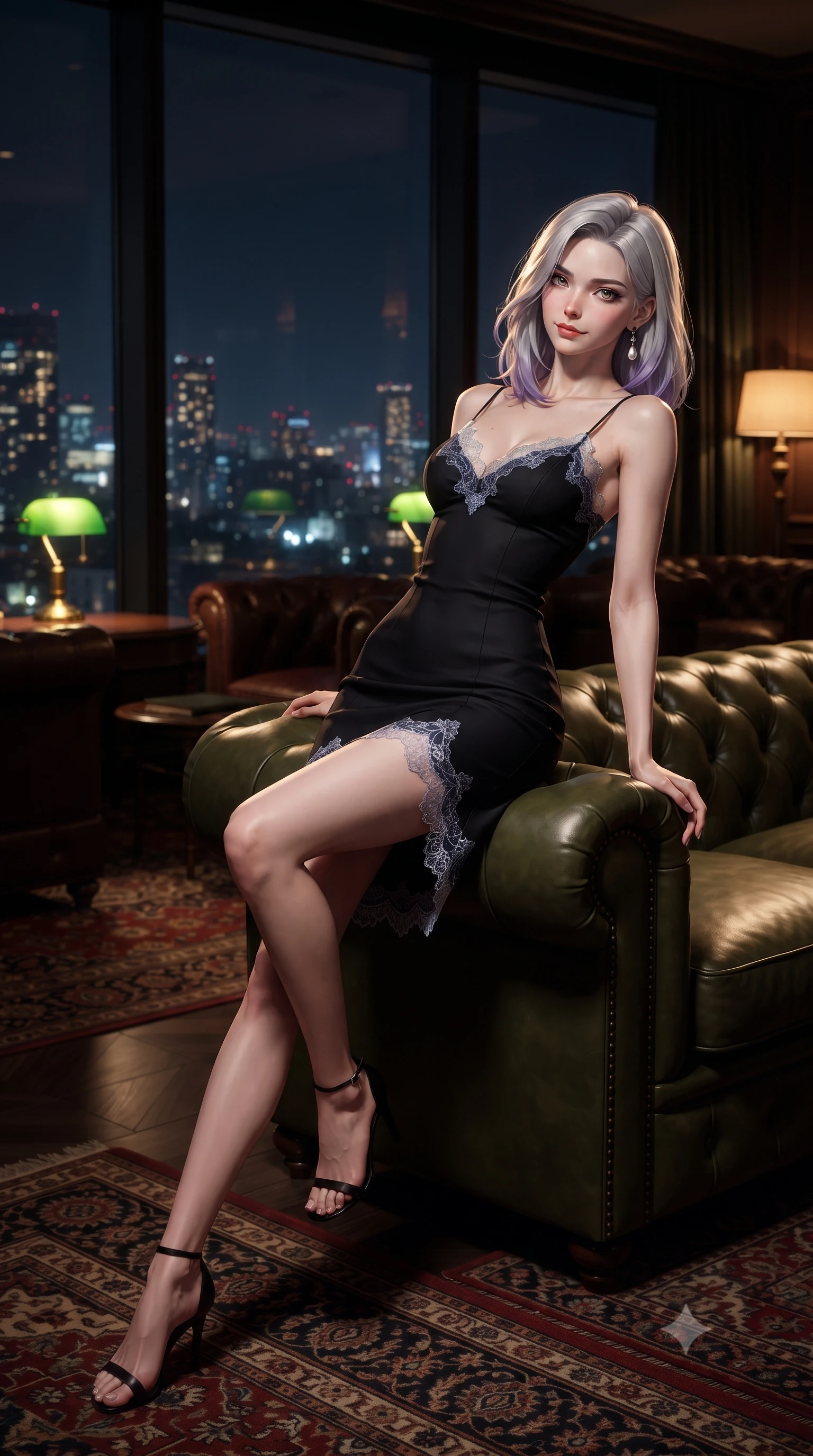 score_9, masterpiece, best quality, ultra-detailed, high-budget anime keyframe, editorial fashion photography, tasteful artistic composition, Caucasian woman. low angle full-body shot from head to toe showing her feet, filling the entire 9:16 vertical frame with her statuesque presence, stretching her vertical silhouette. leaning back against the panoramic glass window with hips cocked back in an unapologetically alluring high-fashion stance, illuminated by the city night vista while reclining back into a deep olive-green tufted Chesterfield sofa with one knee crossed over the other, arching her back with aristocratic poise. The composition keeps background elements in soft focus with dreamy creamy bokeh. vintage Persian rugs and glowing green-bankers lamps softened in exclusive club shallow focus. She has an exceptionally tall and slender model-like 8.5-heads proportion, an ultra-slim waist, a flat toned midriff, narrow delicate ribcage, and beautifully sculpted feminine hips creating a graceful, slim hourglass silhouette without any bulky heaviness, with impossibly long slender legs. sharp v-shaped jawline, high-bridge nose, intricate jewel-like dark sparkling eyes with dangerous depth, thick curled eyelashes, glossy parted lips with a rich wine sheen, smoldering seductive half-smile with bedroom-eyes, exuding effortless superiority and intoxicating dark allure, flawlessly proportioned anatomical accuracy, strict slender model proportions, natural body alignment, perfectly sculpted long slender limbs, ultra-slim waistline, clean dynamic posture without body distortion. wearing a strappy black silk slip dress with delicate lace scallop edging along the neckline and hem in midnight indigo and icy platinum, tailored from fine lightweight midnight wool crepe with crisp architectural structure, accented with a single dangling baroque pearl earring reflecting the amber glow, the form-contouring cut accentuating her sculpted flat midriff, narrow delicate ribcage, and gracefully curvy hips with sovereign high-fashion precision. illuminated by focused key lighting and warm champagne rim light sculpting her razor-sharp jawline, narrow waist, and curvy hips. ultra-reflective glossy finish, specular highlights, rich textural contrasts, high-contrast stereoscopic depth, volumetric dynamic lighting, 2k, ultra detail, master piece, 9:16 ratio