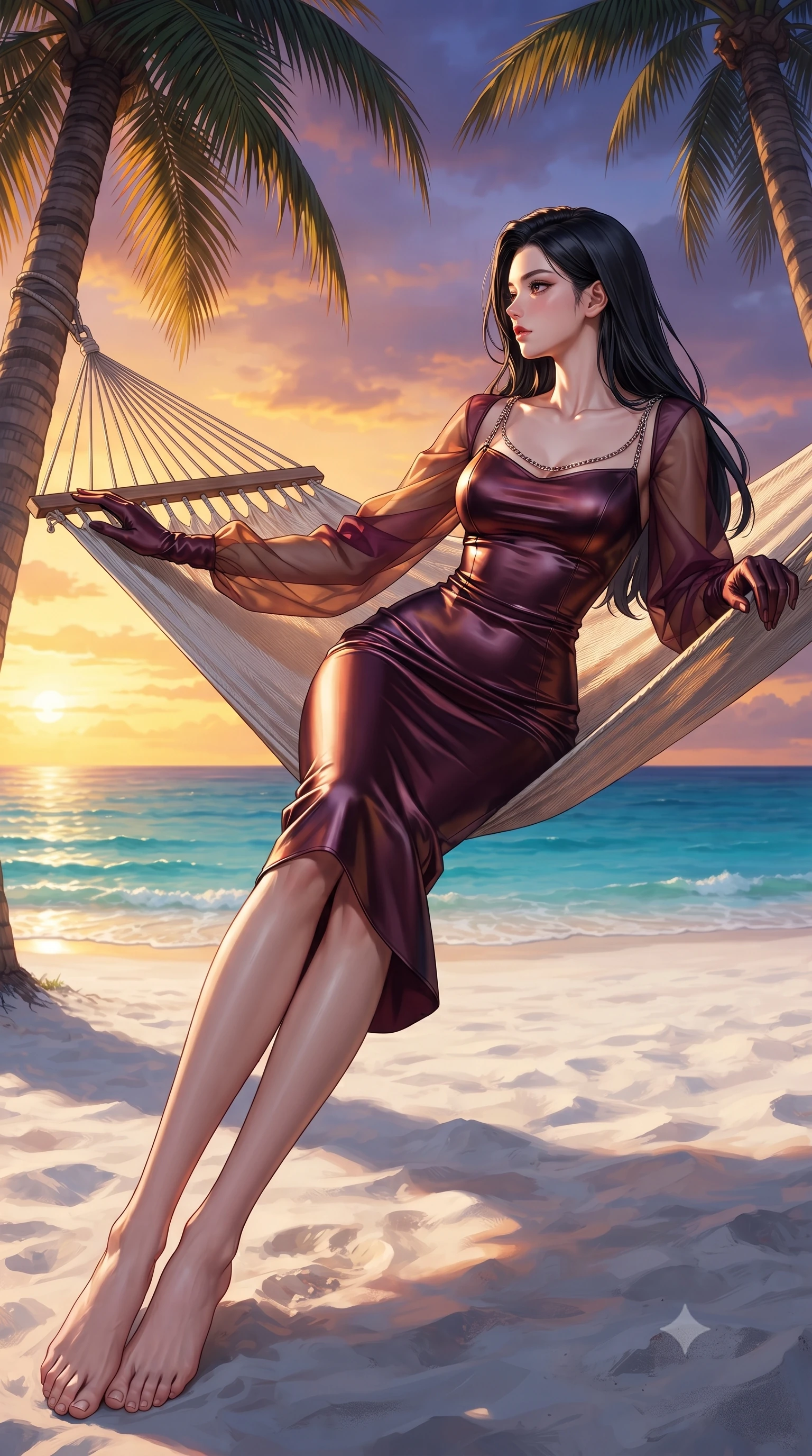 score_9, masterpiece, best quality, ultra-detailed, high-budget anime keyframe, editorial fashion photography, tasteful artistic composition, Korean woman. low angle full-body shot from head to toe showing her feet, filling the entire 9:16 vertical frame with her statuesque presence, stretching her vertical silhouette. forging dynamically through the scene, her vertical silhouette beautifully stretched resting on a sea-facing hammock suspended between two coconut trees at sunset, soft white sand contrasting with rich azure ocean hues. She has an absolutely perfect, statuesque 8.5-heads proportion, an exceptionally tall and slender model-like female figure with impossibly long slender legs and an ultra-slim waist. sharp v-shaped jawline, high-bridge nose, intricate jewel-like eyes with depth, thick eyelashes, glossy lips with a natural sheen. wearing a sleek bodycon knit dress with sheer organza sleeve panels in deep burgundy and bronze, crafted from lustrous satin jersey with fluid draping, adorned with delicate metallic chain straps along the neckline, the glove-like fit emphasizing her statuesque silhouette. surrounded by a bright, pristine beach ambiance with sharp specular highlights. ultra-reflective glossy finish, specular highlights, metallic sheen, high-contrast stereoscopic depth, volumetric dynamic lighting, 2k, ultra detail, master piece, 9:16 ratio