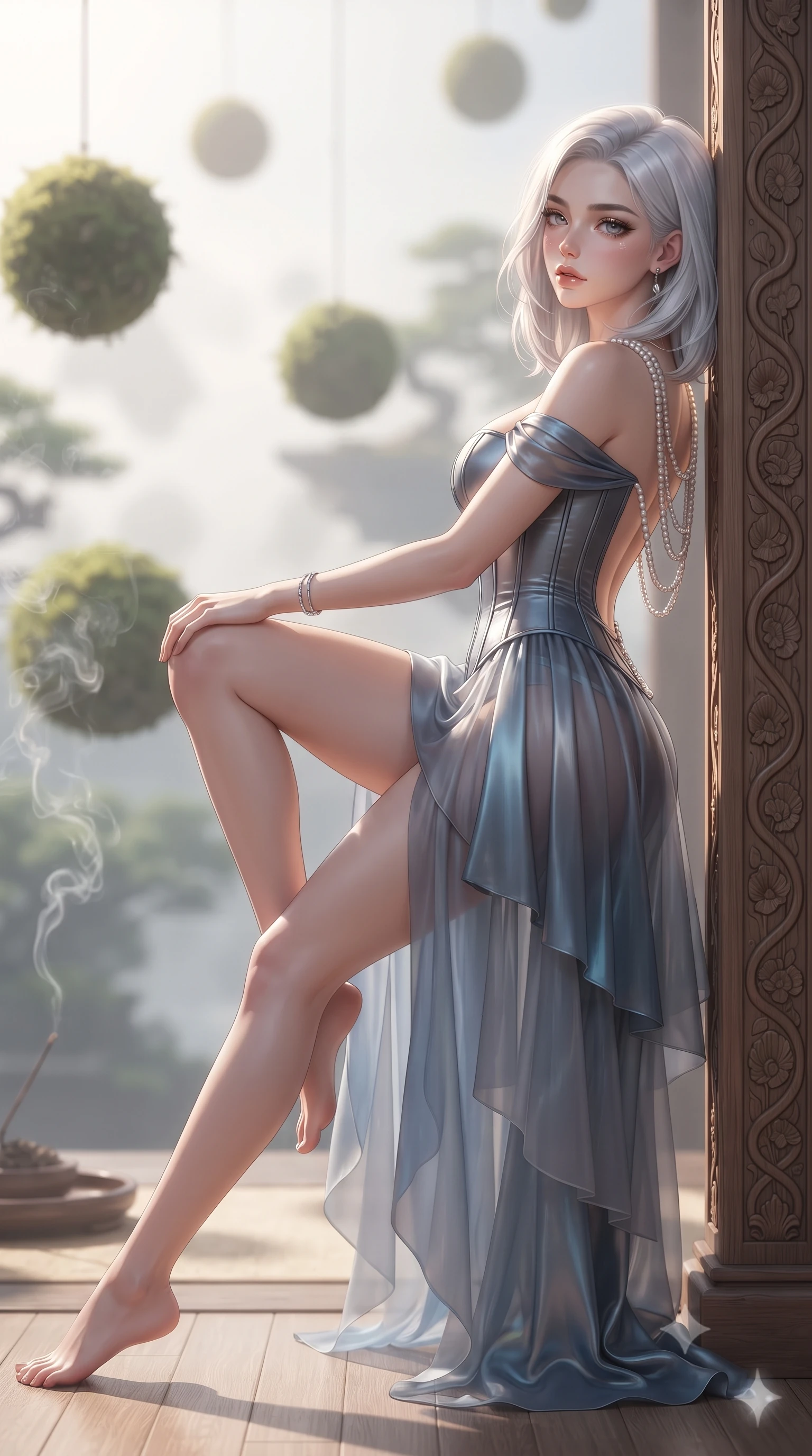 score_9, masterpiece, best quality, ultra-detailed, high-budget anime keyframe, editorial fashion photography, tasteful artistic composition, Korean woman. low angle full-body shot from head to toe showing her feet, filling the entire 9:16 vertical frame with her statuesque presence, stretching her vertical silhouette. reclining on her side in an elegant Cleopatra pose with one knee drawn up, the dramatic contour of her rounded hips and long slender legs commanding the 9:16 vertical frame while leaning against a carved cedar post overlooking floating bonsai spheres, casting a serene, alluring bedroom-gaze through atmospheric haze. The composition keeps background elements in soft focus with creamy bokeh. floating moss spheres and aromatic incense smoke curls softened in meditative shallow focus. She has an exceptionally tall and slender model-like 8.5-heads proportion, an ultra-slim waist, a flat toned midriff, narrow delicate ribcage, and beautifully sculpted feminine hips creating a graceful, slim hourglass silhouette without any bulky heaviness, with impossibly long slender legs. sharp v-shaped jawline, high-bridge nose, intricate jewel-like eyes with depth, thick eyelashes, glossy parted lips with a natural sheen, intensely captivating and seductive bedroom-eyes expression, flawlessly proportioned anatomical accuracy, strict slender model proportions, natural body alignment, perfectly sculpted long slender limbs, ultra-slim waistline, clean dynamic posture without body distortion. wearing an off-shoulder French court corset bodice dress paired with a tiered translucent chiffon slit skirt in metallic gunmetal and electric azure, tailored from ultra-smooth duchess satin with a pearlescent sheen, accented with a multi-strand pearl back necklace cascading down her bare spine to her hips, the precision-cut side openings and low-back scoop framing her graceful spine and the sensual sweep of her slim, toned hips. illuminated by gentle directional sunlight sculpting her sculpted collarbones, ultra-slim waist, and curvy hips. ultra-reflective glossy finish, specular highlights, rich textural contrasts, high-contrast stereoscopic depth, volumetric dynamic lighting, 2k, ultra detail, master piece, 9:16 ratio