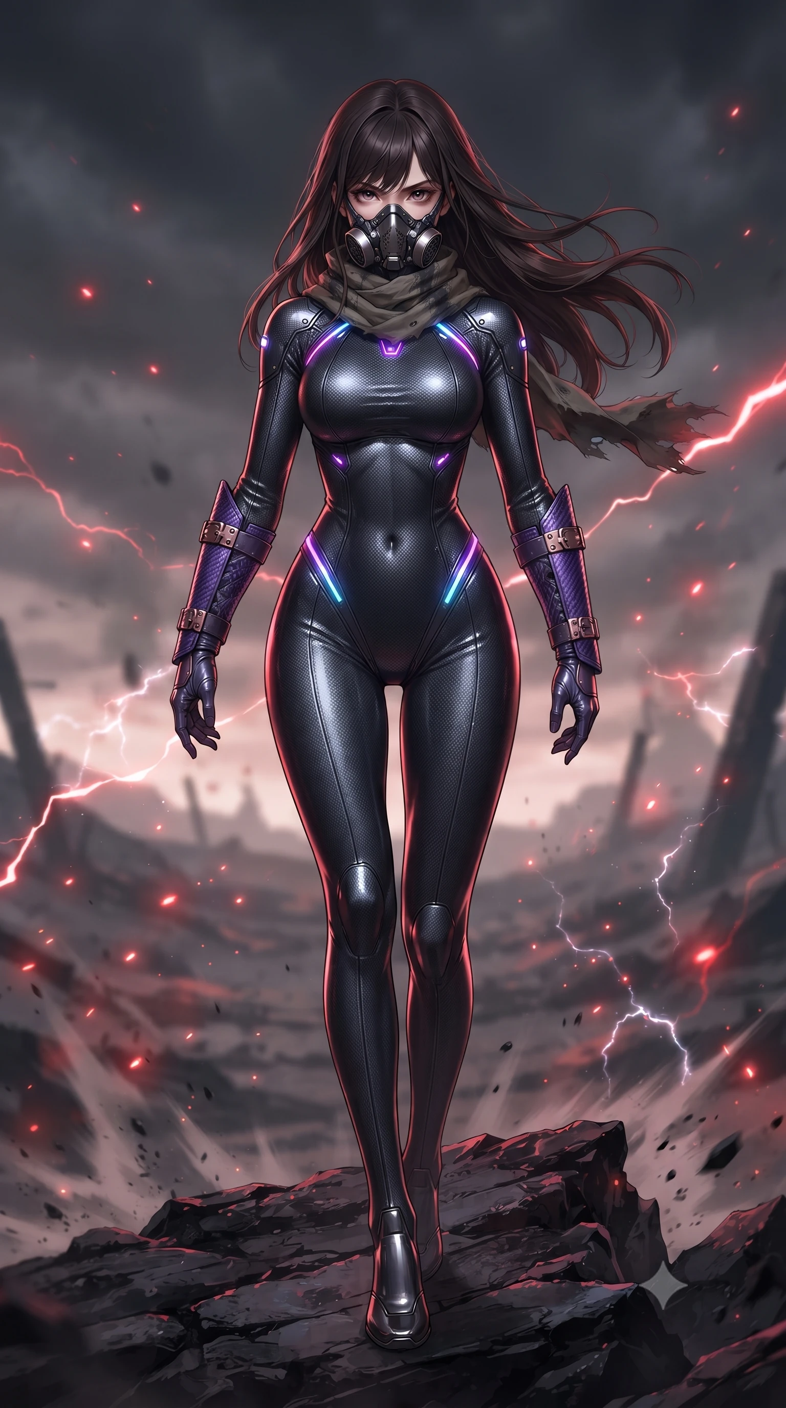 score_9, masterpiece, best quality, ultra-detailed, high-budget anime keyframe, editorial fashion photography, tasteful artistic composition, Korean woman. low angle full-body shot from head to toe showing her feet, filling the entire 9:16 vertical frame with her statuesque presence, stretching her vertical silhouette. landing gracefully from a high-altitude leap on one knee and palm, her statuesque silhouette framed by radial shockwave ripples in the ground while standing tall on a jagged obsidian ridge with wind tearing at her tactical scarf, silhouette dominating the desolate horizon. The composition keeps background elements in soft focus with creamy bokeh. sparkling static electricity arcs scattering glowing red light motes across a desolated wasteland backdrop. She has an absolutely perfect, statuesque 8.5-heads proportion, an exceptionally tall and slender model-like female figure with impossibly long slender legs, a toned flat midriff, and an ultra-slim waist. sharp v-shaped jawline, high-bridge nose, intricate jewel-like eyes with depth, thick eyelashes, glossy lips with a natural sheen, fierce and resolute heroine expression, flawlessly proportioned anatomical accuracy, strict slender model proportions, natural body alignment, perfectly sculpted long slender limbs, ultra-slim waistline, clean dynamic posture without body distortion. wearing a sleek titanium half-face combat rebreather guard protecting her lower jaw while leaving her expressive eyes and long hair flowing freely, paired with a skin-tight dark carbon-weave combat bodysuit with glowing neon energy conduits and reinforced Damascus-pattern forearm strike guards in royal purple carbon fiber with distressed rose-gold hardware and buckles, crafted from ultra-strong woven carbon-fiber composite with battle-tested satin luster, accented with glowing fiber-optic telemetry conduits tracing her collarbones and hip curves, the form-contouring material adhering flawlessly to her sculpted flat midriff and slender torso, emphasizing her long leg lines and perfectly proportioned willowy build. bathed in eerie crimson lightning storm backlighting and ominous dark ash ambient fill. ultra-reflective glossy finish, specular highlights, dark metallic sheen, high-contrast stereoscopic depth, volumetric dynamic lighting, 2k, ultra detail, master piece, 9:16 ratio