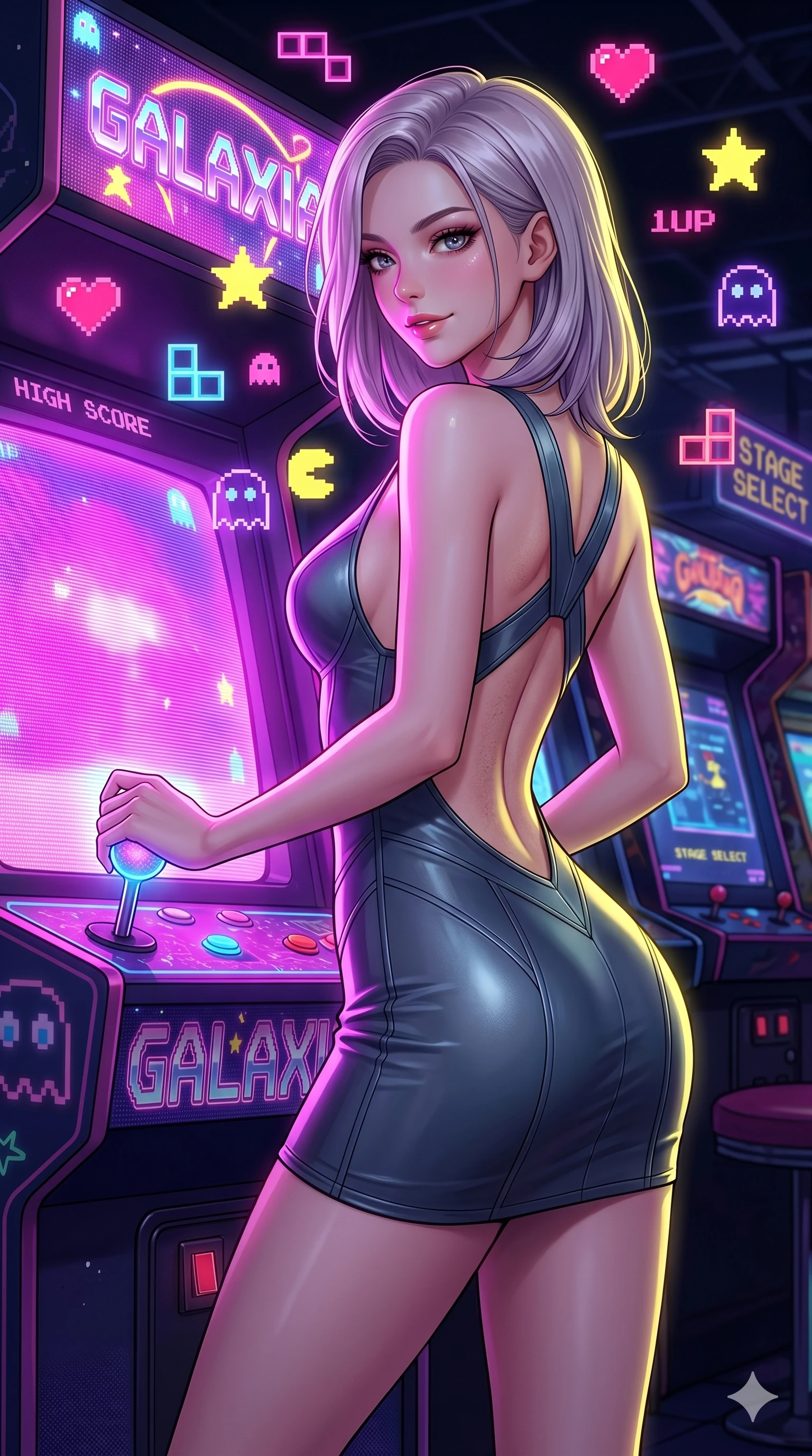 score_9, masterpiece, best quality, ultra-detailed, high-budget anime keyframe, editorial fashion photography, tasteful artistic composition, Caucasian woman, strictly human ears. Upper body close-up from the thighs up, character filling the screen for maximum presence. She is leaning back against a glowing retro arcade cabinet, surrounded by floating pixelated neon icons. She holds a glowing joystick with a teasing, sultry smile. She has an absolutely perfect 8-heads proportion, an exceptionally tall and slender female figure with impossibly long slender legs and an ultra-slim waist. V-shaped jawline, high-bridge nose, intricate jewel-like eyes with depth, thick eyelashes, glossy lips with a natural sheen. She is wearing a second-skin fashion-latex mini dress with a clean architectural front, featuring an open-back design that wraps around the sides of her waist, showcasing her slender silhouette. The scene is illuminated by bright pink and violet neon screen glare and a sharp yellow ambient rim light. 2k, ultra detail, master piece, 9:16 ratio
