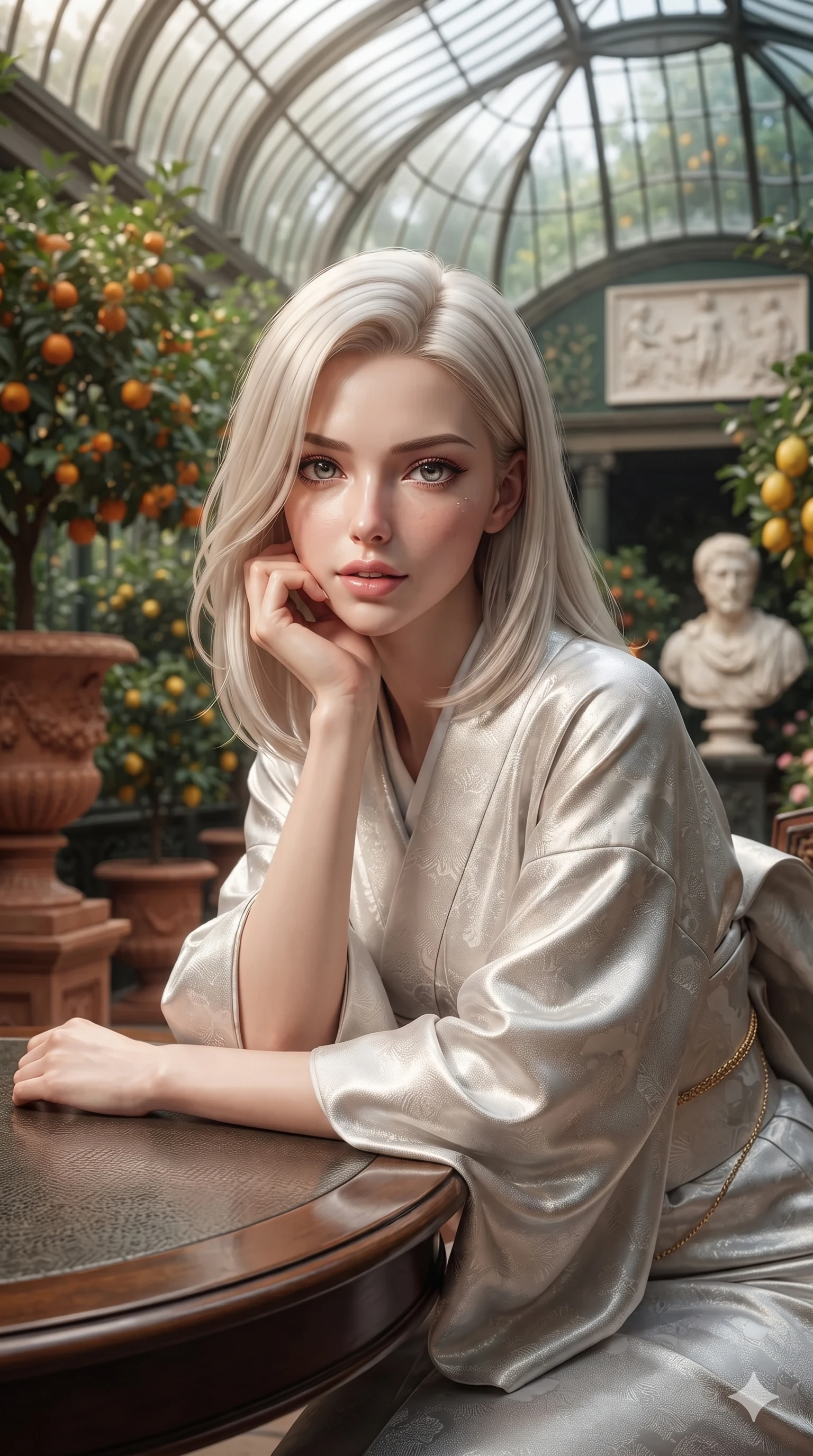 score_9, masterpiece, best quality, ultra-detailed, high-budget anime keyframe, editorial fashion photography, tasteful artistic composition, Caucasian woman. close-up cowboy shot from the waist and thighs up, the character dominates the composition, filling the frame with her large presence. resting one elbow on the table and supporting her chin, leaning close to the camera with heavy-lidded sparkling eyes and parted lips while twisting her slender torso in an alluring contrapposto stance, dappled sunbeam patterns and glossy leaf reflections tracing her flat midriff and hourglass curves. The background shows a soft-focus flowering orange and lemon trees in terracotta urns, classical marble sculptures, and curved glass roof ribs blurred into citrus gold, emerald, and ivory bokeh. She has an exceptionally elegant, slender, and willowy female figure with an ultra-slim waist, flat toned midriff, narrow ribcage, and sculpted feminine hips creating an alluring, slim hourglass silhouette without bulk. sharp v-shaped jawline, high-bridge nose, intricate jewel-like sparkling eyes with depth, thick eyelashes, glossy parted lips with a natural sheen, intensely captivating and seductive bedroom-eyes expression, exuding both youthful cute charm and sovereign luxury allure, flawlessly proportioned anatomical accuracy, strict slender model proportions, natural body alignment, perfectly sculpted long slender limbs, ultra-slim waistline, clean dynamic posture without body distortion. wearing a delicate semi-translucent silk yukata that clings to her wet skin and curvy hip contours in shimmering silver mercury and pearl white, crafted from bespoke double-faced cashmere with an exceptionally soft tactile finish, accented with a dainty gold belly chain resting across her flat midriff and curving hips, the liquid-tight tailored fabric clinging flawlessly to her narrow waist and rounded feminine hips, emphasizing every millimeter of her sculpted slim hourglass curves without any bulky heaviness. illuminated by polished limestone floor reflections and sharp emerald-gold rim lights sculpting her razor-sharp jawline, narrow waist, and curvy hips. ultra-reflective glossy finish, specular highlights, rich textural contrasts, high-contrast stereoscopic depth, volumetric dynamic lighting, 2k, ultra detail, master piece, 9:16 ratio