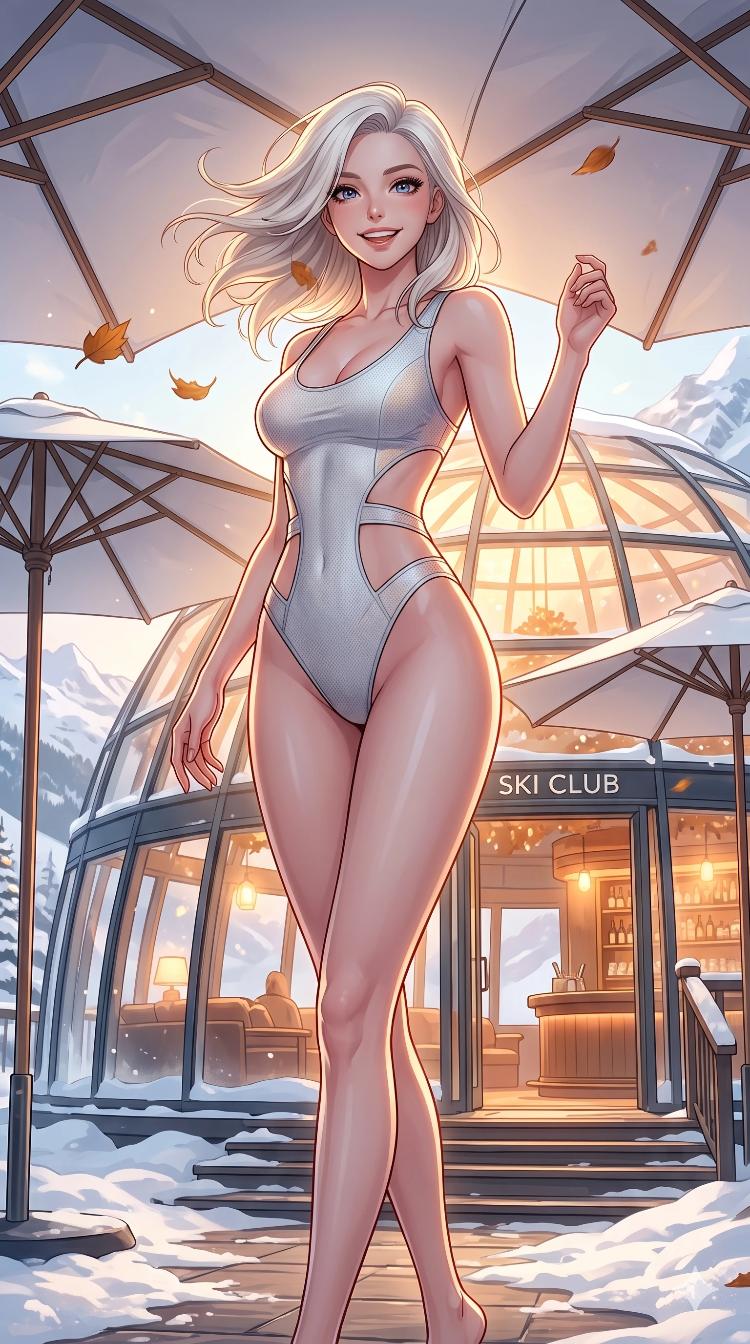 score_9, masterpiece, best quality, ultra-detailed, high-budget anime keyframe, vibrant anime aesthetic, Caucasian woman, strictly human ears. cowboy shot from the thighs up, character and outfit filling the frame for maximum presence. She is standing tall with a lively smile, her hair blowing in the autumn breeze by a ski club lounge under white umbrellas (Code-P21-079). She has an absolutely perfect 8-heads proportion, an exceptionally tall and slender female figure with impossibly long slender legs and an ultra-slim waist. V-shaped jawline, high-bridge nose, intricate jewel-like eyes with depth, thick eyelashes, glossy lips with a natural sheen. wearing a sleek swimsuit with high-cut lines and exposed waist in the snow. She is warm glowing resort light filtering through the glass dome in snow, outlining her features. 2k, ultra detail, master piece, 9:16 ratio