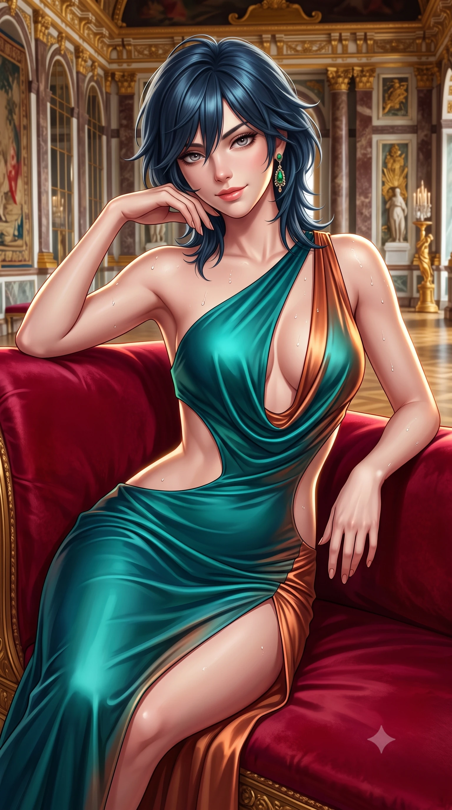 score_9, masterpiece, best quality, ultra-detailed, high-budget anime keyframe, semi-realistic 3D game render, editorial fashion photography, tasteful artistic composition, Caucasian woman. close-up cowboy shot from the waist and thighs up, the character dominates the composition, filling the frame with her large presence. tilting her head with a teasing half-smile, running one hand slowly down the side of her hip in a flirtatious S-curve as ambient light caresses her silhouette while lounging gracefully on the crimson velvet settee propped on one elbow, her statuesque 8.5-heads silhouette commanding the imperial palace. The surrounding environment is rendered in vivid detail and crisp panoramic clarity: detailed plunging cowl-neck liquid metallic gown drape, dangling emerald earring shine, and historic palace architecture in high resolution. She has an exceptionally elegant, slender, and willowy female figure with an ultra-slim waist, flat toned midriff, narrow ribcage, and sculpted feminine hips creating an alluring, slim hourglass silhouette without bulk. sharp v-shaped jawline, high-bridge nose, sparkling eyes with hypnotic seductive depth, thick curled eyelashes, glossy parted lips with a natural dewy peach sheen, alluring bedroom-eyes with an enchanting coquettish smile, exuding magnetic siren charisma and sophisticated glamour, flawlessly proportioned anatomical accuracy, strict slender model proportions, natural body alignment, perfectly sculpted long slender limbs, ultra-slim waistline, clean dynamic posture without body distortion. wearing an asymmetric one-shoulder liquid jersey gown with dramatic hip-high slit and sculptural waist cutout in Ubud rainforest teal and sunset copper, crafted from fluid liquid silk satin that clings smoothly to every curve with a dewy sheen, finished with glistening drops of hot spring or lagoon water beading across her sculpted shoulders and collarbones, the form-contouring silhouette accentuating her sculpted flat midriff, narrow delicate ribcage, and gracefully curvy hips with intoxicating allure. illuminated by gilded surface bounce and sharp platinum-gold rim lights sculpting her jawline, flat midriff, and voluptuous hip curves. highly saturated vibrant anime colors, detailed shading with soft gradients, rich glossy textures, high-contrast stereoscopic depth, volumetric dynamic lighting, master piece, 9:16 ratio