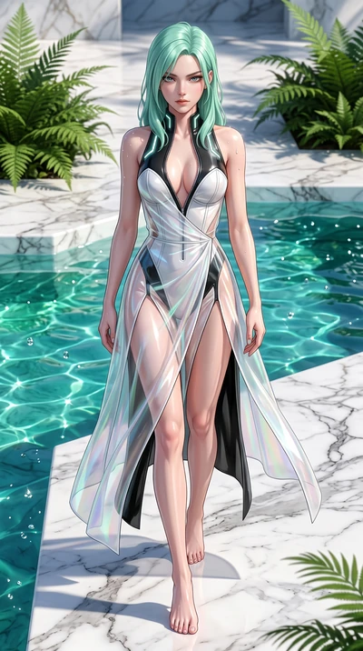 score_9, masterpiece, best quality, ultra-detailed, high-budget anime keyframe, semi-realistic 3D game render, editorial fashion photography, tasteful artistic composition, Japanese woman. low angle full-body shot from head to toe showing her feet, f