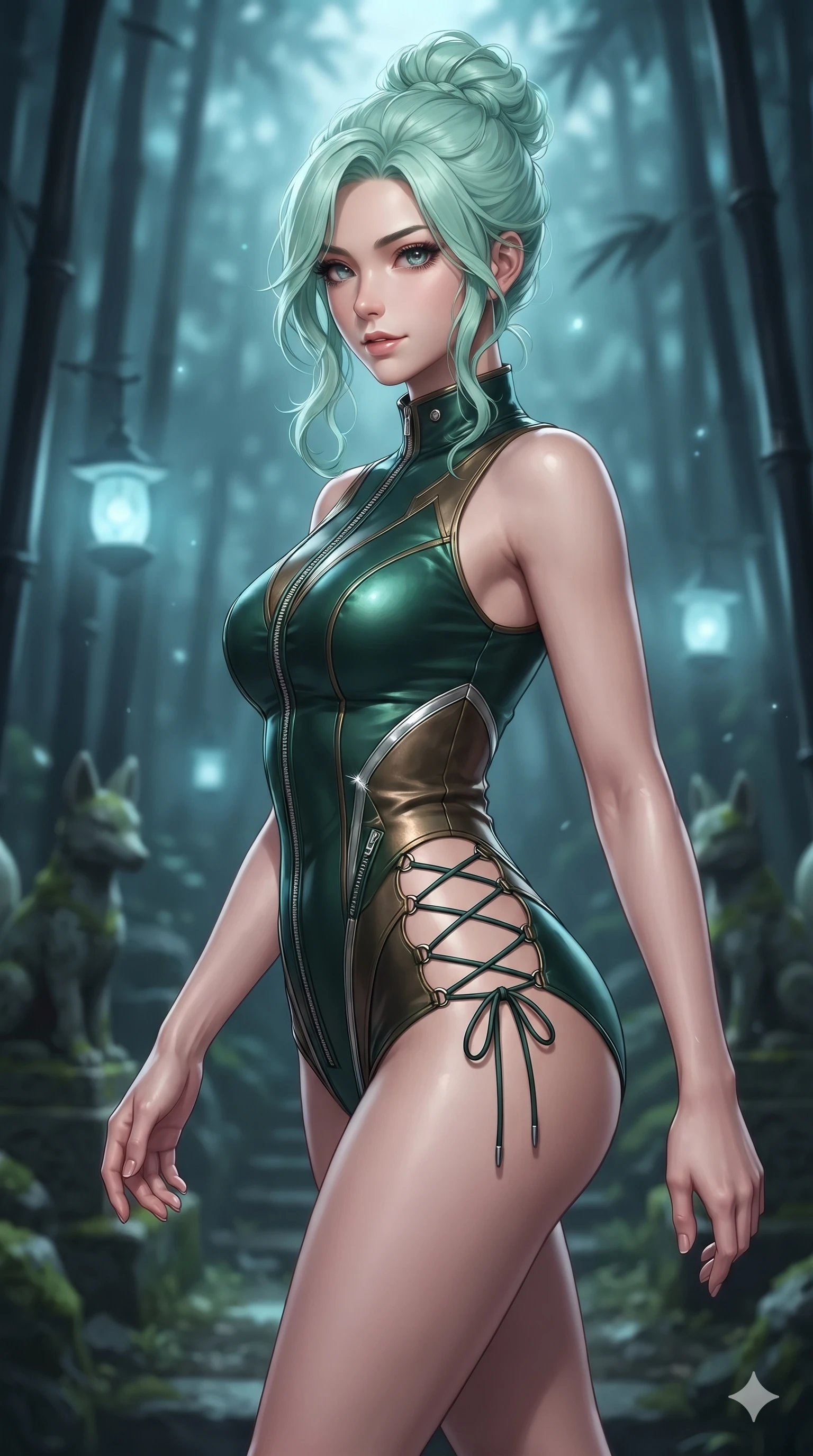 score_9, masterpiece, best quality, ultra-detailed, high-budget anime keyframe, editorial fashion photography, tasteful artistic composition, Japanese woman. close-up cowboy shot from the waist and thighs up, the character dominates the composition, filling the frame with her large presence. glancing sidelong over her shoulder with a smoldering, enigmatic half-smile that commands the frame while stepping forward into the spiritual clearing with feline grace, hips swaying in an alluring sensual rhythm that accentuates her curvy hourglass silhouette. The background shows a soft-focus dark mossy stone kitsune statues, floating pale blue spirit lanterns, and towering black bamboo stalks blurred into pale blue, jade, and charcoal bokeh. She has an exceptionally elegant, slender, and willowy female figure with an ultra-slim waist, flat toned midriff, narrow ribcage, and sculpted feminine hips creating an alluring, slim hourglass silhouette without bulk. sharp v-shaped jawline, high-bridge nose, intricate jewel-like dark sparkling eyes with hypnotic seductive depth, thick curled eyelashes, glossy parted lips with a natural wine sheen, alluring bedroom-eyes with an enigmatic smoldering smile, exuding magnetic sovereign charisma and dark avant-garde glamour, flawlessly proportioned anatomical accuracy, strict slender model proportions, natural body alignment, perfectly sculpted long slender limbs, ultra-slim waistline, clean dynamic posture without body distortion. wearing a low-slung cutaway leather bodysuit with bare hip flanks and criss-cross cord ties in dark emerald green and antique bronze, made of supple butter-soft lambskin leather with a subtle satin sheen, finished with metallic silver boning and sleek zipper points, the high-slit wrap tailoring accentuating her ultra-slim waistline and the enchanting curve of her feminine hips with alluring seductive charm. illuminated by spirit lantern cold ground bounce and sharp silver-cyan rim lights defining her razor-sharp jawline, narrow waist, and curvy hips. ultra-reflective glossy finish, specular highlights, metallic sheen, high-contrast stereoscopic depth, volumetric dynamic lighting, 2k, ultra detail, master piece, 9:16 ratio