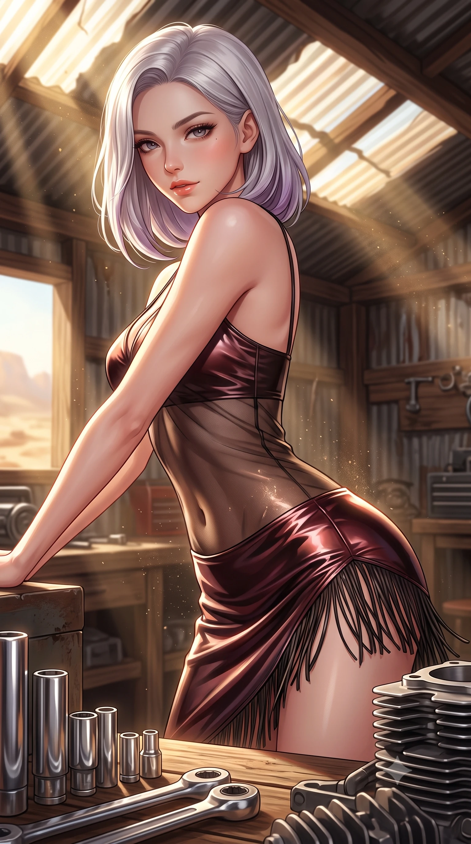 score_9, masterpiece, best quality, ultra-detailed, high-budget anime keyframe, semi-realistic 3D game render, editorial fashion photography, tasteful artistic composition, Caucasian woman. close-up cowboy shot from the waist and thighs up, the character dominates the composition, filling the frame with her large presence. leaning forward while arching her lower back to accentuate her curvy hips, looking into the camera with an intoxicating smoldering gaze and bedroom-eyes while twisting her slender torso in an alluring contrapposto stance, desert dust motes dancing in sunbeams across her flat midriff and hips. The surrounding environment is rendered in vivid detail and crisp panoramic clarity: sharp polished chrome socket wrench heads, engine cylinder head fins, and weathered workbench wood grain in deep focus. She has an exceptionally elegant, slender, and willowy female figure with an ultra-slim waist, flat toned midriff, narrow ribcage, and sculpted feminine hips creating an alluring, slim hourglass silhouette without bulk. sharp v-shaped jawline, high-bridge nose, sparkling eyes with hypnotic seductive depth, thick curled eyelashes, glossy parted lips with a natural dewy peach sheen, alluring bedroom-eyes with an enchanting coquettish smile, exuding magnetic siren charisma and sophisticated glamour, flawlessly proportioned anatomical accuracy, strict slender model proportions, natural body alignment, perfectly sculpted long slender limbs, ultra-slim waistline, clean dynamic posture without body distortion. wearing a sheer black gauze fringe slip dress worn over a liquid satin undergarment, hugging her flat midriff and hips in smoky bordeaux wine and gilded copper, crafted from wet-look high-gloss vinyl fabric with dazzling specular surface reflections, finished with a delicate leather fringe trim fluttering along her hip line with kinetic charm, the high-slit wrap tailoring accentuating her ultra-slim waistline and the enchanting curve of her feminine hips with alluring seductive charm. bathed in dramatic shafts of golden afternoon sunlight cutting through corrugated roof cracks. highly saturated vibrant anime colors, detailed shading with soft gradients, rich glossy textures, high-contrast stereoscopic depth, volumetric dynamic lighting, master piece, 9:16 ratio