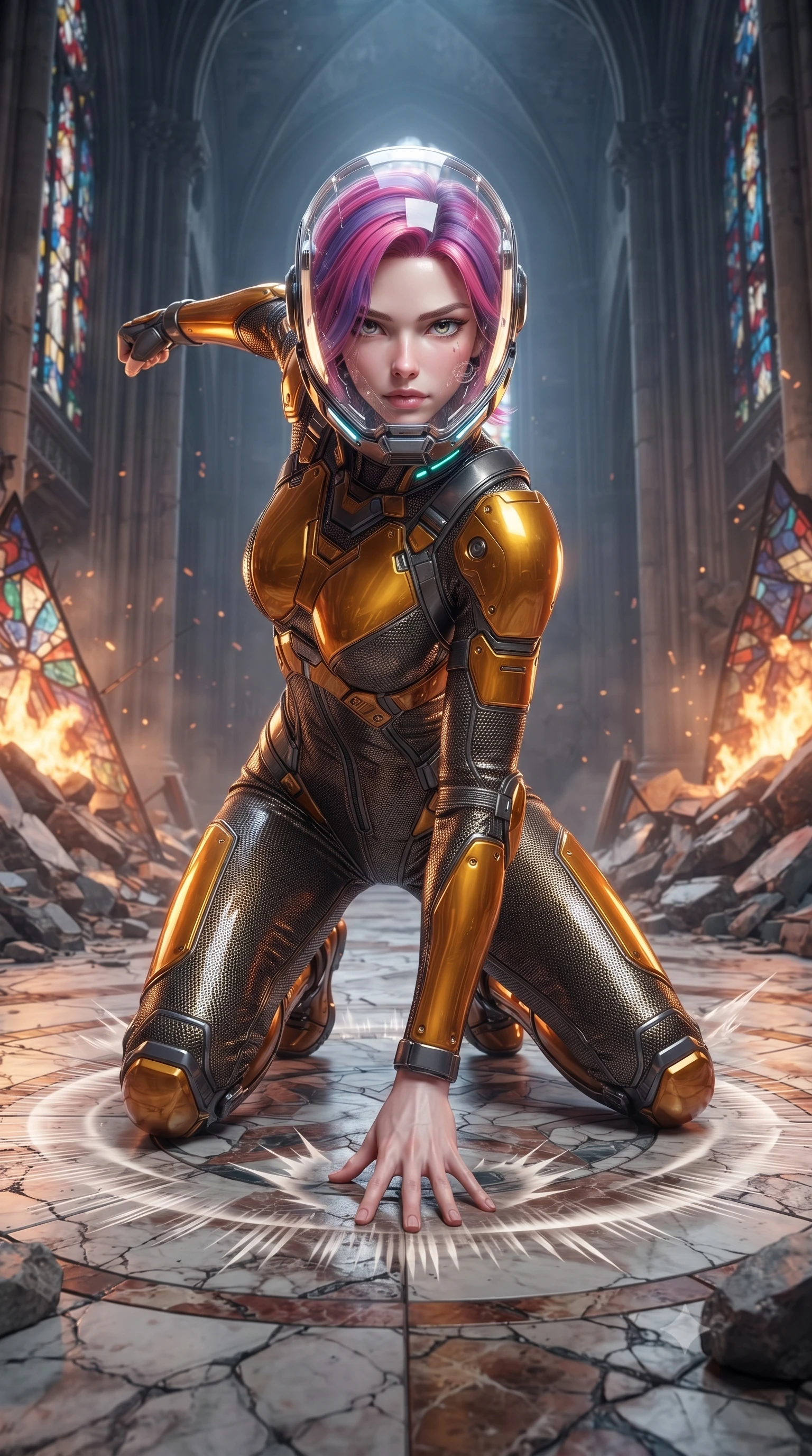 score_9, masterpiece, best quality, ultra-detailed, high-budget anime keyframe, editorial fashion photography, tasteful artistic composition, Caucasian woman. low angle full-body shot from head to toe showing her feet, filling the entire 9:16 vertical frame with her statuesque presence, stretching her vertical silhouette. landing gracefully from a high-altitude leap on one knee and palm, her statuesque silhouette framed by radial shockwave ripples in the ground while assuming a deadly Panzer Kunst fighting stance amidst the shattered stained glass and burning rubble of a cybernetic cathedral. The surrounding environment is rendered in vivid detail and crisp panoramic clarity. sharp titanium jaw-guard bevels, glowing knuckle LED coils, and cracked marble floor textures in deep focus. She has an absolutely perfect, statuesque 8.5-heads proportion, an exceptionally tall and slender model-like female figure with impossibly long slender legs, a toned flat midriff, and an ultra-slim waist. sharp v-shaped jawline, high-bridge nose, intricate jewel-like eyes with depth, thick eyelashes, glossy lips with a natural sheen, fierce and resolute heroine expression, flawlessly proportioned anatomical accuracy, strict slender model proportions, natural body alignment, perfectly sculpted long slender limbs, ultra-slim waistline, clean dynamic posture without body distortion. wearing a crystal-clear transparent armored riot-visor helmet showing her entire beautiful face and determined expression with pristine clarity, paired with a tailored tactical combat jumpsuit with an open-back harness design, reinforced composite breastplate, and high-mobility elbow dampers in molten amber-gold carbon cuirass with dark gunmetal weave, crafted from ultra-strong woven carbon-fiber composite with battle-tested satin luster, featuring a sleek aerodynamic collar framed by subtle glowing cybernetic status LEDs, the glove-like aerodynamic second-skin fit tightly clinging to her ultra-slender waist and athletic curves without adding bulk, accentuating her razor-sharp statuesque lines and slim hourglass silhouette. surrounded by an awe-inspiring, tragic, and radiantly unbreakable warrior goddess aura. ultra-reflective glossy finish, specular highlights, dark metallic sheen, high-contrast stereoscopic depth, volumetric dynamic lighting, 2k, ultra detail, master piece, 9:16 ratio