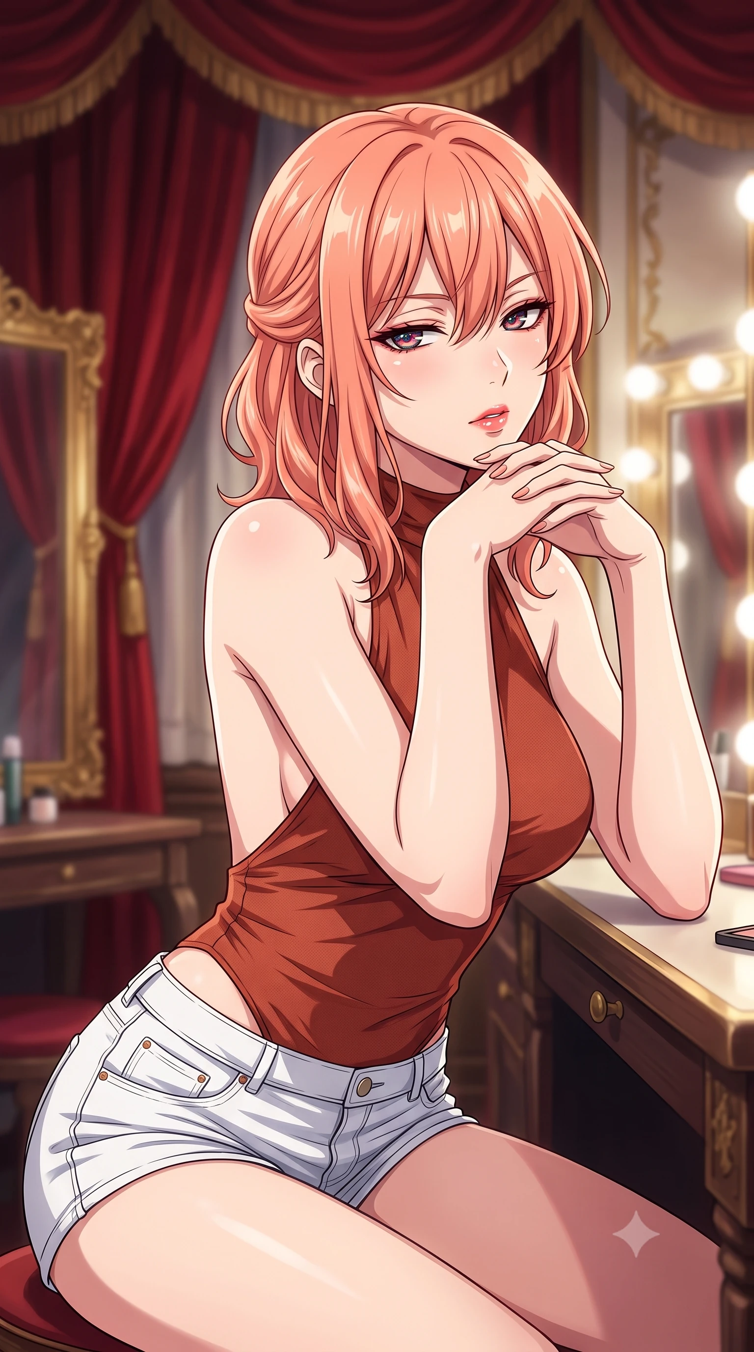 score_9, masterpiece, best quality, ultra-detailed, high-budget anime keyframe, tasteful artistic composition, Japanese woman. close-up cowboy shot from the waist and thighs up, the character dominates the composition, filling the frame with her large presence, background elements kept in soft focus. resting her chin on the backs of her fingers, casting a heavy-lidded, sultry look past the camera the background shows a soft-focus an old theater dressing room with heavy red velvet curtains and gold mirrors. She has an exceptionally elegant, slender, and willowy female figure with an ultra-slim waist, a gracefully sculpted slender torso, and a refined silhouette. sharp v-shaped jawline, high-bridge nose, intricate jewel-like eyes with depth, thick eyelashes, glossy lips with a natural sheen. wearing a form-contouring backless halter top in terracotta red, paired with white denim micro-shorts. soft vanity lighting reflecting off the mirrors to create a glowing frame. highly saturated vibrant anime colors, cel-shading, 2d style, master piece, 9:16 ratio