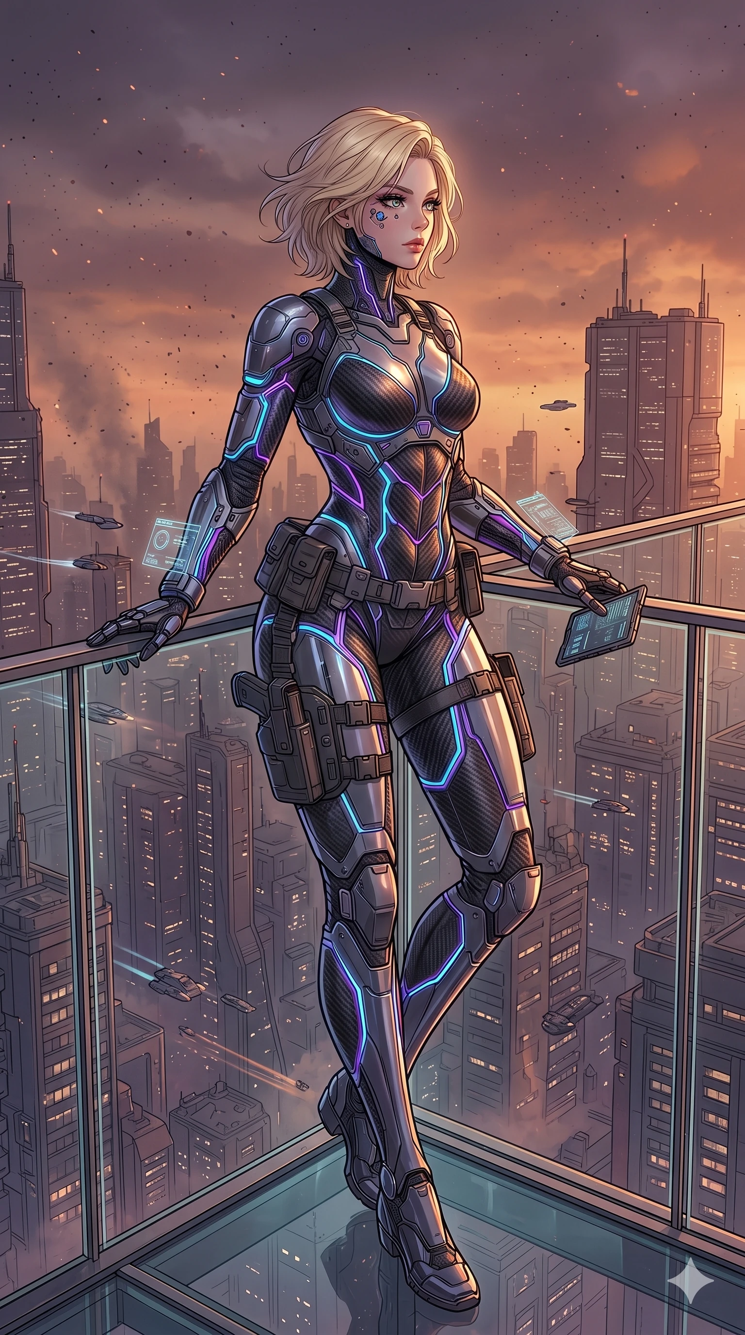 score_9, masterpiece, best quality, ultra-detailed, high-budget anime movie keyframe, cinematic anime lighting, intricate line art, Caucasian (strictly human ears) woman. Dynamic full-body shot stretching the vertical silhouette with extreme perspective. surveying a sprawling mega-city from a glass balcony under a smog sunset. She has an graceful and slender female figure with elegant proportions. strictly human anatomy, two legs only, no extra limbs, clearly defined legs and arms, well-defined anatomy, perfect hands and fingers. sharp v-shaped jawline, high-bridge nose, intricate jewel-like eyes, thick eyelashes, glossy lips. Wearing Tech-Fantasy: Advanced cybernetic tech-suit with glowing seams and modular tactical gear. The scene is illuminated by dramatic atmospheric lighting and vibrant color palettes. , 2k, ultra detail, master piece, 9:16 ratio
