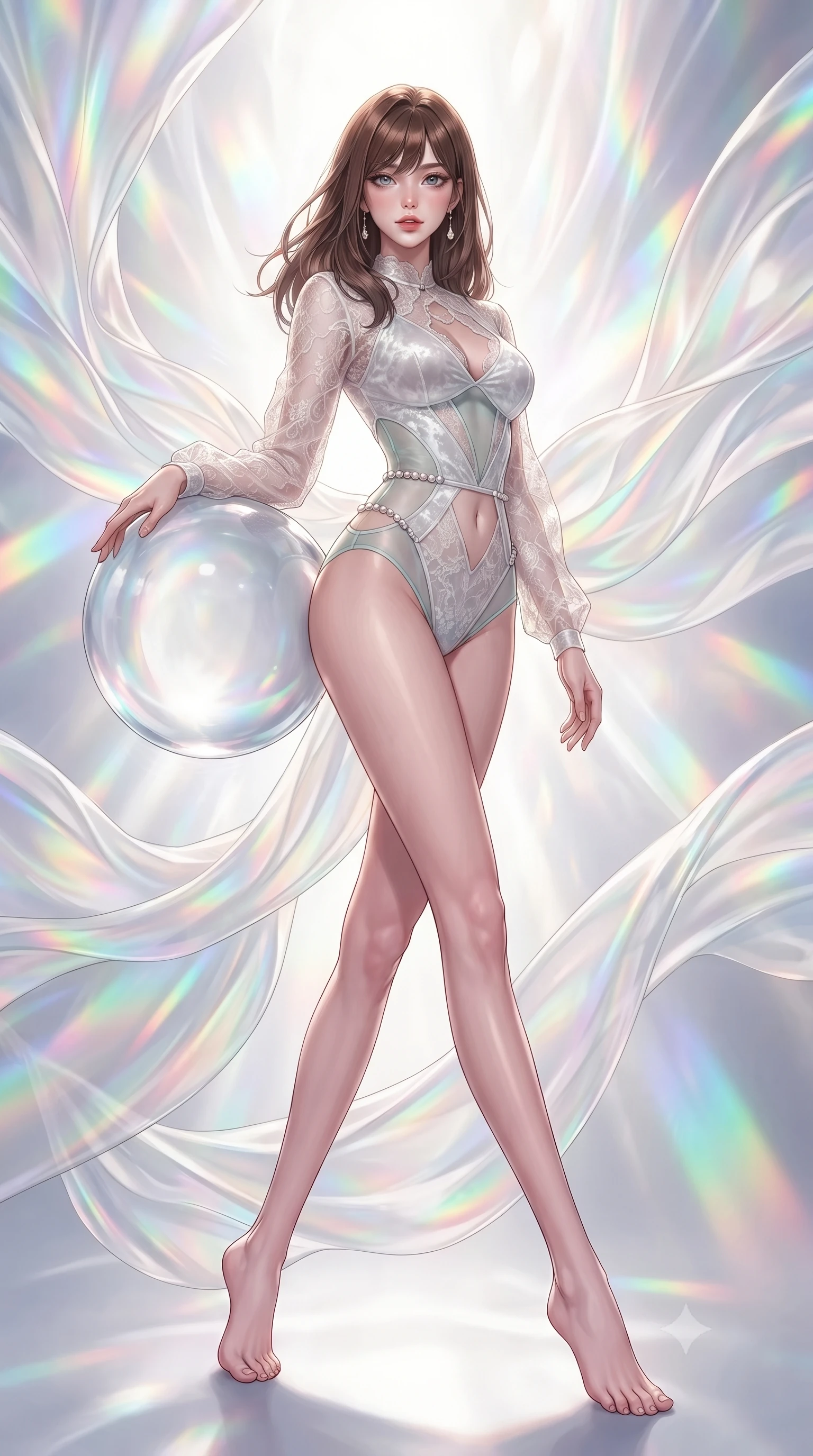 score_9, masterpiece, best quality, ultra-detailed, high-budget anime keyframe, editorial fashion photography, tasteful artistic composition, Korean woman. low angle full-body shot from head to toe showing her feet, filling the entire 9:16 vertical frame with her statuesque presence, stretching her vertical silhouette. stepping gracefully through the radiant environment, stretching her statuesque silhouette, resting against a floating glass sphere amidst swirling opal fabric streams, zero-gravity fabric movement paths creating dynamic lead lines. She has an absolutely perfect, statuesque 8.5-heads proportion, an exceptionally tall and slender model-like female figure with impossibly long slender legs and an ultra-slim waist. sharp v-shaped jawline, high-bridge nose, intricate jewel-like eyes with depth, thick eyelashes, glossy lips with a natural sheen. wearing sheer pearl-white lace overlay bodysuit with delicate sheer cutouts in pale opal seafoam, made of crushed white silk velvet, adorned with minimalist pearl hardware framing the waistline, following her slender form with tailored precision. illuminated by soft multi-color rainbow light refracting through opal silk. highly saturated vibrant anime colors, detailed shading with soft gradients, rich glossy textures, high-contrast stereoscopic depth, volumetric dynamic lighting, master piece, 9:16 ratio