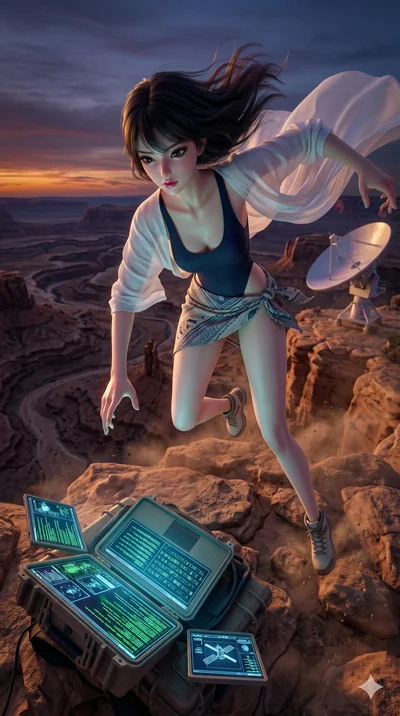 score_9, masterpiece, best quality, ultra-detailed, photorealistic 8k CG, hyper-detailed textures, ray-tracing, Korean anime girl. Extreme high angle shot as she leaps towards the camera, filling the frame. hacking a satellite from a remote terminal 
