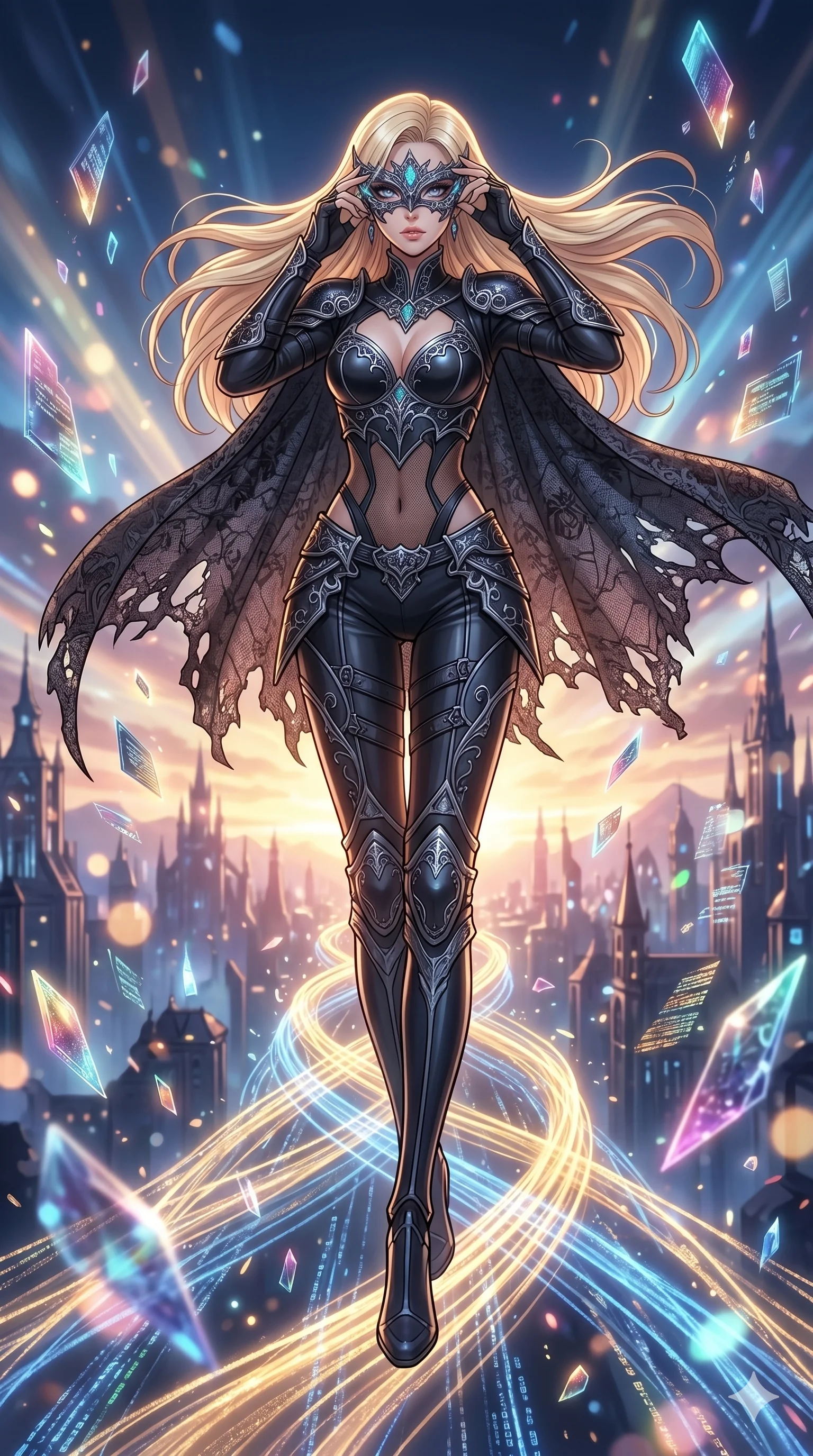 score_9, masterpiece, best quality, ultra-detailed, high-budget anime movie keyframe, cinematic anime lighting, intricate line art, Japanese woman. Dynamic full-body shot stretching the vertical silhouette across the 9:16 frame. adjusting a glowing mask in a celestial bridge made of light surrounded by floating data-shards. She has an absolutely perfect 8-heads proportion, an exceptionally tall and slender female figure with an ultra-slim waist and impossibly long slender legs. sharp v-shaped jawline, high-bridge nose, intricate jewel-like eyes, thick eyelashes, glossy lips. Wearing dark fantasy gothic leather armor with ornate obsidian plates, a tattered lace cape, and sheer mesh cut-outs at the midriff, exuding a mysterious allure. The scene is illuminated by dramatic atmospheric lighting and vibrant color palettes. , 2k, ultra detail, master piece, 9:16 ratio