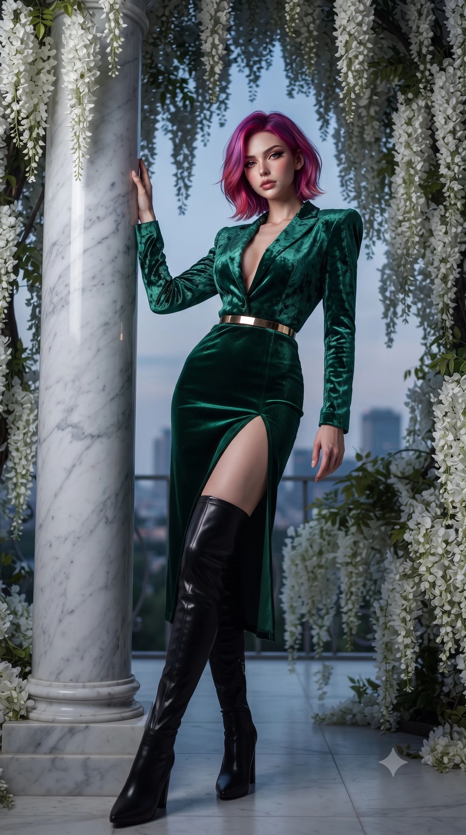 score_9, masterpiece, best quality, ultra-detailed, High-budget Anime Keyframe, editorial fashion photography, tasteful artistic composition, realistic cosplay photography, Caucasian woman, strictly human ears. Low angle cowboy shot filling the entire 9:16 frame with her statuesque presence. Scenario 437: leaning against a cold marble pillar inside a quiet balcony surrounded by trailing white wisteria flowers. Her presence is magnetic and overpowering in this high-budget cinematic scene. Outfit 437: a tailored emerald green crushed velvet jacket featuring a high-slit skirt and structured shoulders. The clothing is designed to emphasize her exceptionally tall and slender 8-heads proportion. 8-heads proportion, towering silhouette, ultra-slim waist. sharp v-shaped jawline, intricate jewel-like eyes with depth, thick eyelashes, glossy lips. ultra-reflective glossy finish, specular highlights, metallic sheen, high-contrast stereoscopic depth, volumetric dynamic lighting, 2k, ultra detail, master piece, 9:16 ratio