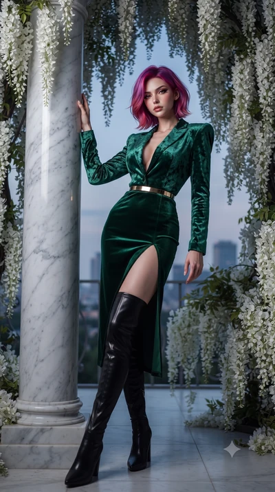 score_9, masterpiece, best quality, ultra-detailed, High-budget Anime Keyframe, editorial fashion photography, tasteful artistic composition, realistic cosplay photography, Caucasian woman, strictly human ears. Low angle cowboy shot filling the entir