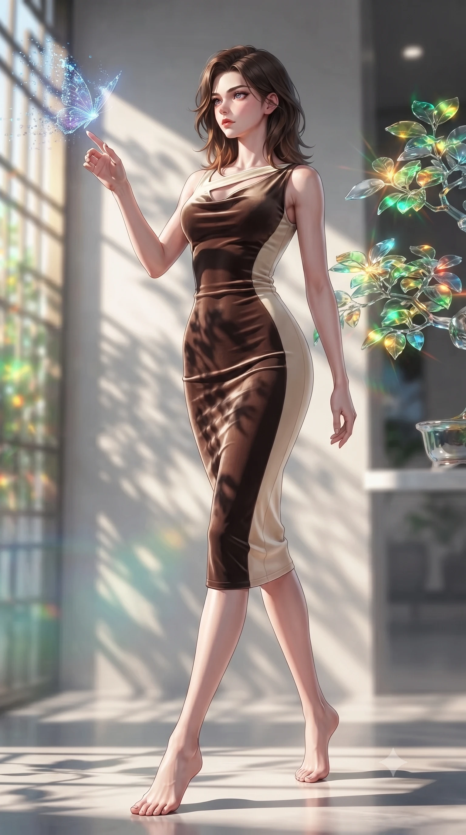 score_9, masterpiece, best quality, ultra-detailed, high-budget anime keyframe, editorial fashion photography, tasteful artistic composition, Korean woman. low angle full-body shot from head to toe showing her feet, filling the entire 9:16 vertical frame with her statuesque presence, stretching her vertical silhouette. forging dynamically through the scene with her long slender legs and ultra-slim waist creating a sweeping S-curve while reaching her hand out to touch a floating holographic butterfly dispersing code sparks, translucent glass bonsai leaves reflecting vibrant emerald and gold sunbursts. She has an absolutely perfect, statuesque 8.5-heads proportion, an exceptionally tall and slender model-like female figure with impossibly long slender legs and an ultra-slim waist. sharp v-shaped jawline, high-bridge nose, intricate jewel-like eyes with depth, thick eyelashes, glossy lips with a natural sheen, flawlessly proportioned anatomical accuracy, natural body alignment, perfectly sculpted elegant limbs, clean dynamic posture without body distortion. wearing an elegant cowl-neck satin midi dress with a graceful draped neckline in espresso brown and warm cream, made of premium stretch velvet with a rich sheen, accented with a Tasteful chest slit framing her clavicle gracefully, the tailored fabric tightly following every curve of her athletic build. illuminated by brilliant sunbeams casting organic leaf stencil shadows. ultra-reflective glossy finish, specular highlights, metallic sheen, high-contrast stereoscopic depth, volumetric dynamic lighting, 2k, ultra detail, master piece, 9:16 ratio