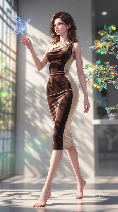 score_9, masterpiece, best quality, ultra-detailed, high-budget anime keyframe, editorial fashion photography, tasteful artistic composition, Korean woman. low angle full-body shot from head to toe showing her feet, filling the entire 9:16 vertical f
