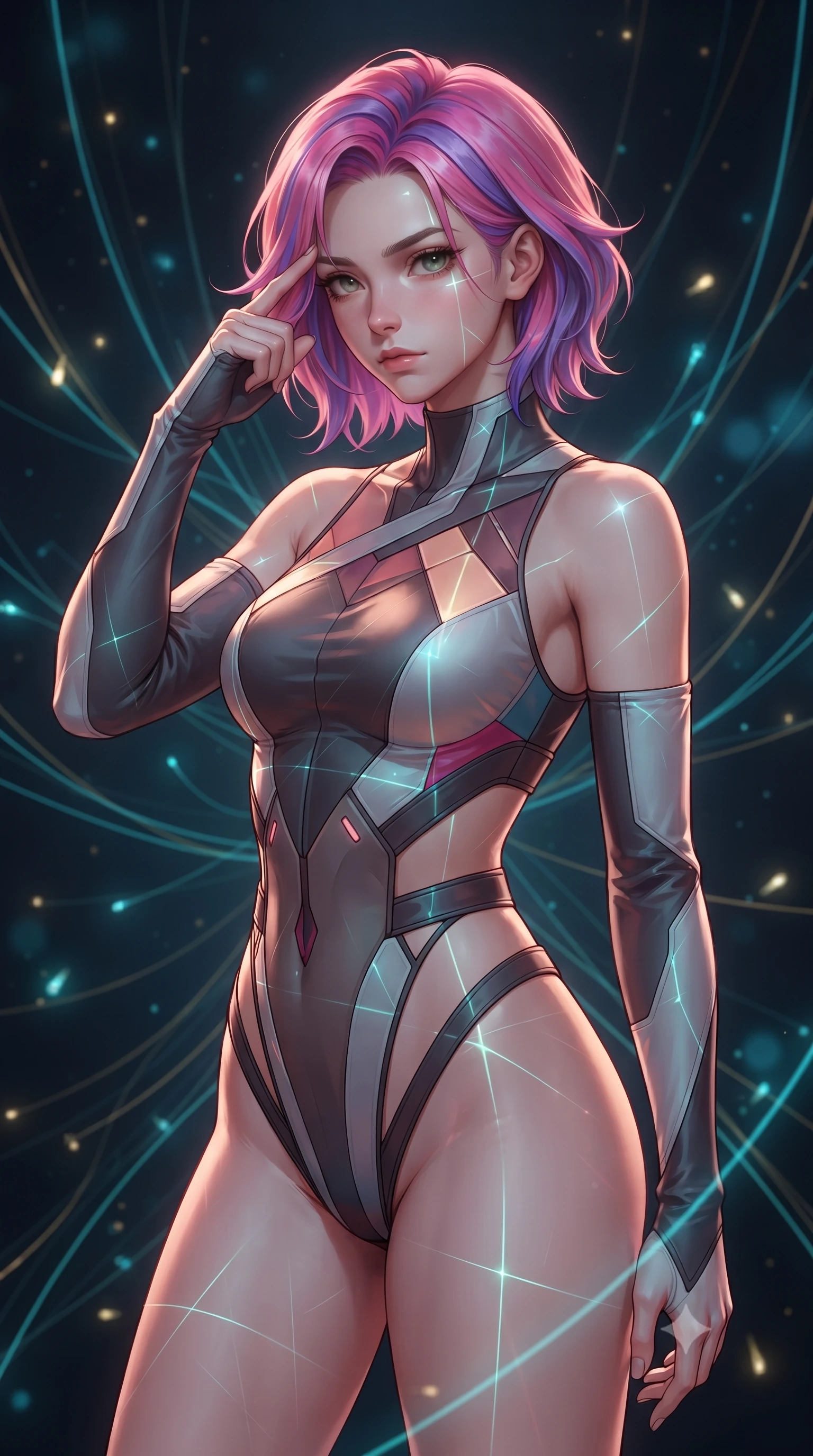 score_9, masterpiece, best quality, ultra-detailed, high-budget anime keyframe, editorial fashion photography, tasteful artistic composition, Caucasian woman. close-up cowboy shot from the waist and thighs up, the character dominates the composition, filling the frame with her large presence, background elements kept in soft focus. Pressing two fingers to her temple in a composed thoughtful gesture with an air of magnetic charisma standing in a dark void woven with thousands of cyan and gold light threads, glowing fiber optic motes drifting like fireflies in the background. She has an exceptionally elegant, slender, and willowy female figure with an ultra-slim waist, a gracefully sculpted slender torso, and a refined silhouette. sharp v-shaped jawline, high-bridge nose, intricate jewel-like eyes with depth, thick eyelashes, glossy lips with a natural sheen. wearing an asymmetrical high-cut tech-bodysuit with detached sleeves and waist-framing straps, the glove-like fit emphasizing her statuesque silhouette. bathed in sharp geometric laser grid highlights and soft ambient fill. highly saturated vibrant anime colors, detailed shading with soft gradients, rich glossy textures, high-contrast stereoscopic depth, volumetric dynamic lighting, master piece, 9:16 ratio