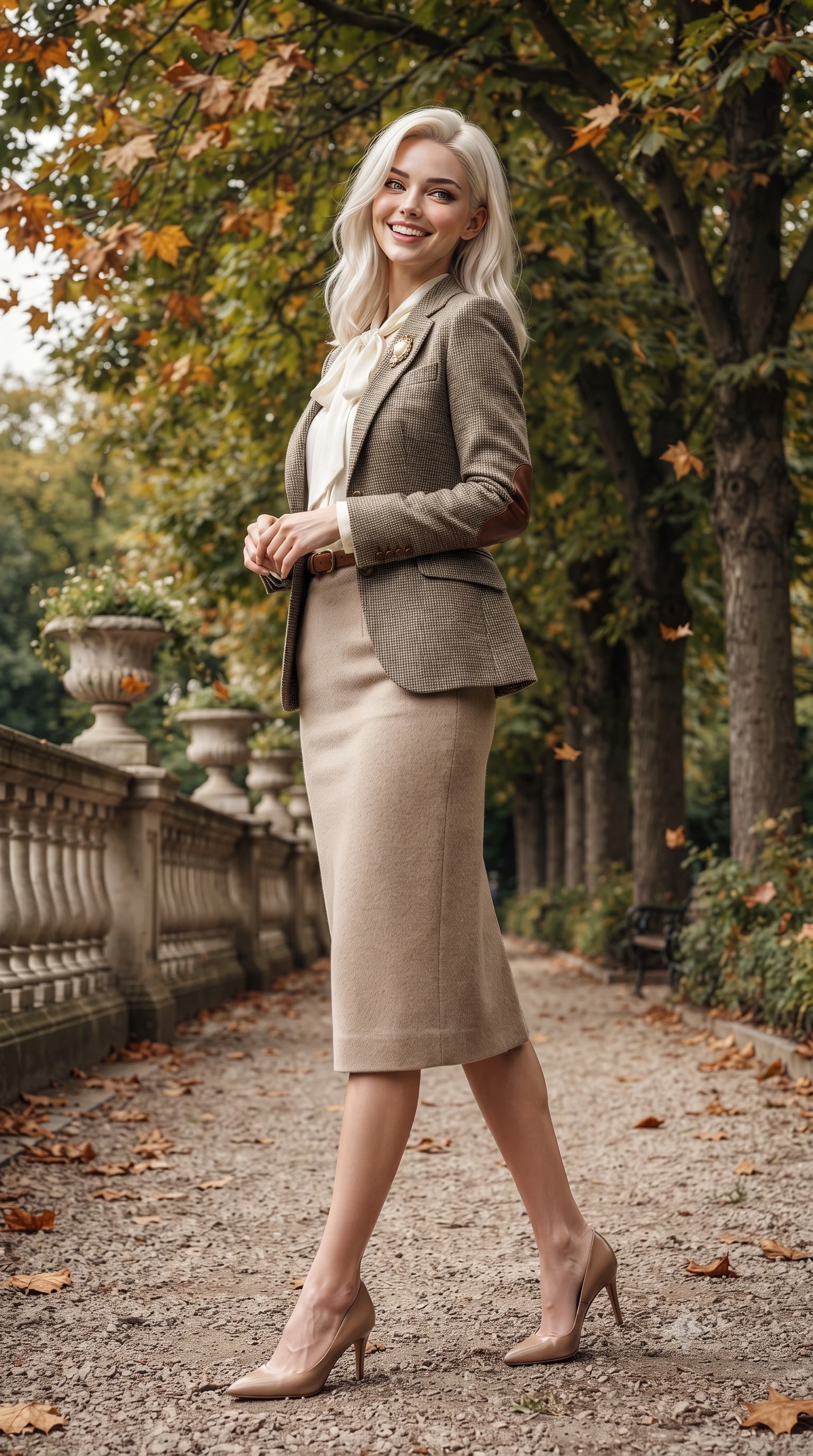 score_9, masterpiece, best quality, ultra-detailed, high-budget anime keyframe, editorial fashion photography, tasteful artistic composition, Caucasian woman. low angle full-body shot from head to toe showing her feet, filling the entire 9:16 vertical frame with her statuesque presence, stretching her vertical silhouette. standing poised beside the classical stone balustrade with one foot slightly forward, hands folded loosely before her with regal grace while strolling along the tree-lined gravel promenade surrounded by falling amber plane tree leaves, looking back with a joyful, beaming smile. The surrounding environment is rendered in vivid detail and crisp panoramic clarity: detailed equestrian wool blazer tailoring, leather elbow patch textures, and natural royal park foliage in high resolution. She has an exceptionally tall and slender model-like 8.5-heads proportion, an ultra-slim waist, a flat toned midriff, narrow delicate ribcage, and beautifully sculpted feminine hips creating a graceful, slim hourglass silhouette without any bulky heaviness, with impossibly long slender legs. sharp v-shaped jawline, high-bridge nose, intricate jewel-like sparkling eyes with depth, thick eyelashes, glossy parted lips with a natural peach sheen, bright cheerful beaming smile with an enchanting and coquettish sensual glint, exuding both youthful cute charm and seductive allure, flawlessly proportioned anatomical accuracy, strict slender model proportions, natural body alignment, perfectly sculpted long slender limbs, ultra-slim waistline, clean dynamic posture without body distortion. wearing a fluid silk crepe pussy-bow blouse paired with a high-waisted tailored pencil midi skirt and slim leather belt in Swiss alpine snow white and oat cashmere, crafted from fluid mulberry silk twill with an understated lustrous pearl finish, complemented by an antique baroque pearl brooch pinned tastefully on the lapel, the streamlined silhouette following her natural slender proportions with sophisticated poise, enhancing her tall willowy presence. illuminated by lake water shimmer fill and rich copper-gold rim lights defining her razor-sharp jawline and tall slender figure. ultra-reflective glossy finish, specular highlights, rich textural contrasts, high-contrast stereoscopic depth, volumetric dynamic lighting, 2k, ultra detail, master piece, 9:16 ratio