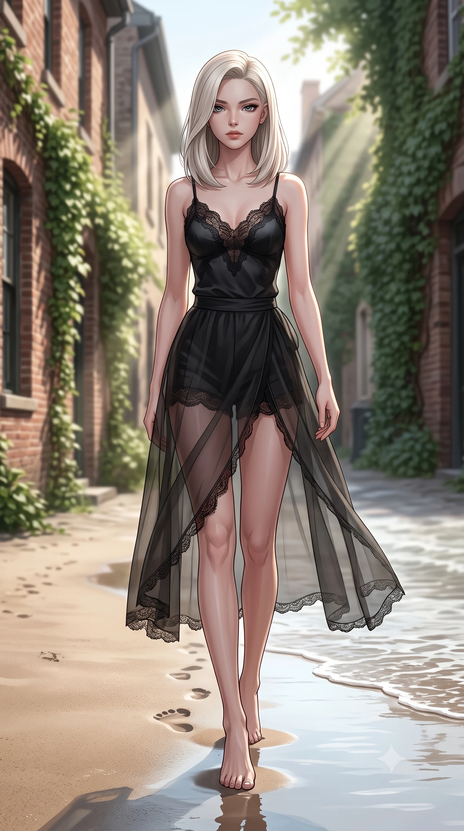 score_9, masterpiece, best quality, ultra-detailed, high-budget anime keyframe, editorial fashion photography, tasteful artistic composition, Caucasian woman woman. low angle full-body shot from head to toe showing her feet, filling the entire 9:16 vertical frame with her statuesque presence, stretching her vertical silhouette. walking slowly along the shoreline, leaving footprints in the wet sand the background shows a soft-focus a charming brick-walled lane in a historic district, with green ivy climbing the walls. She has an absolutely perfect, statuesque 8.5-heads proportion, an exceptionally tall and slender model-like female figure with impossibly long slender legs and an ultra-slim waist. sharp v-shaped jawline, high-bridge nose, intricate jewel-like eyes with depth, thick eyelashes, glossy lips with a natural sheen. wearing a form-contouring delicate lace-trim camisole in black silk, paired with a sheer organza wrap skirt and shorts. sun rays cutting through the gap between buildings, creating dramatic contrasts. 2k, ultra detail, master piece, 9:16 ratio