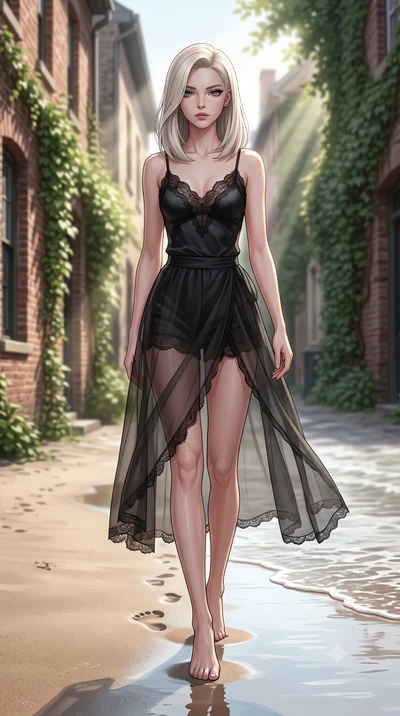 score_9, masterpiece, best quality, ultra-detailed, high-budget anime keyframe, editorial fashion photography, tasteful artistic composition, Caucasian woman woman. low angle full-body shot from head to toe showing her feet, filling the entire 9:16 v