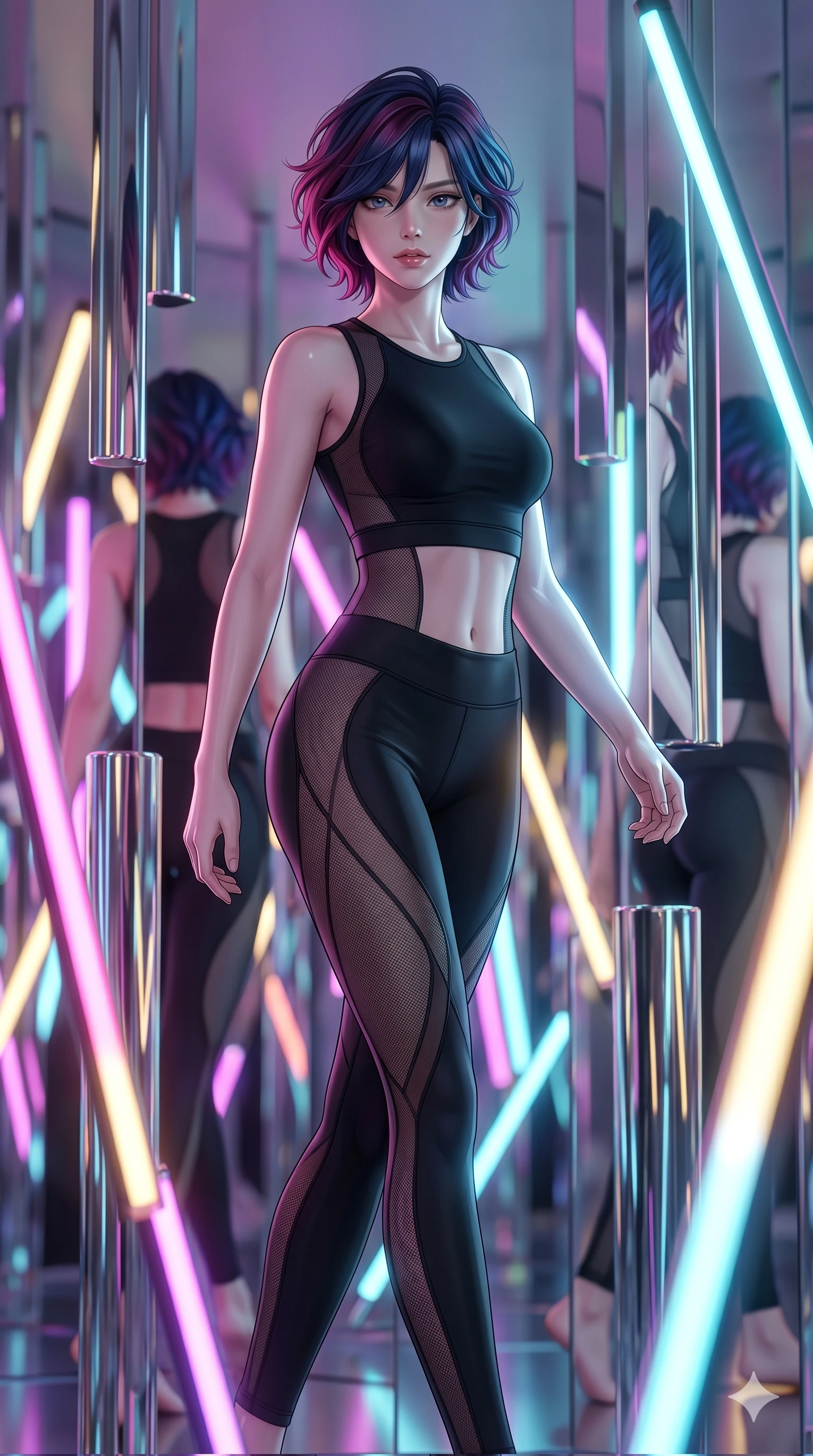 score_9, masterpiece, best quality, ultra-detailed, high-budget anime keyframe, Korean woman. upper body close-up from the thighs up, character filling the screen for maximum presence. navigating a kinetic light-sculpture mirror maze, passing between floating chromium mirror pillars and rotating LED sticks. She has an absolutely perfect 8-heads proportion, an exceptionally tall and slender female figure with impossibly long slender legs and an ultra-slim waist. V-shaped jawline, high-bridge nose, intricate jewel-like eyes with depth, thick eyelashes, glossy lips with a natural sheen.. wearing a sheer mesh athleisure set, featuring a tight matte black top and leggings with semi-opaque mesh panels tracing the curves of her waist and thighs. lit by a soft glowing ambient light and a sharp side key light that traces the sleek contours of her athletic build. 2k, ultra detail, master piece, 9:16 ratio