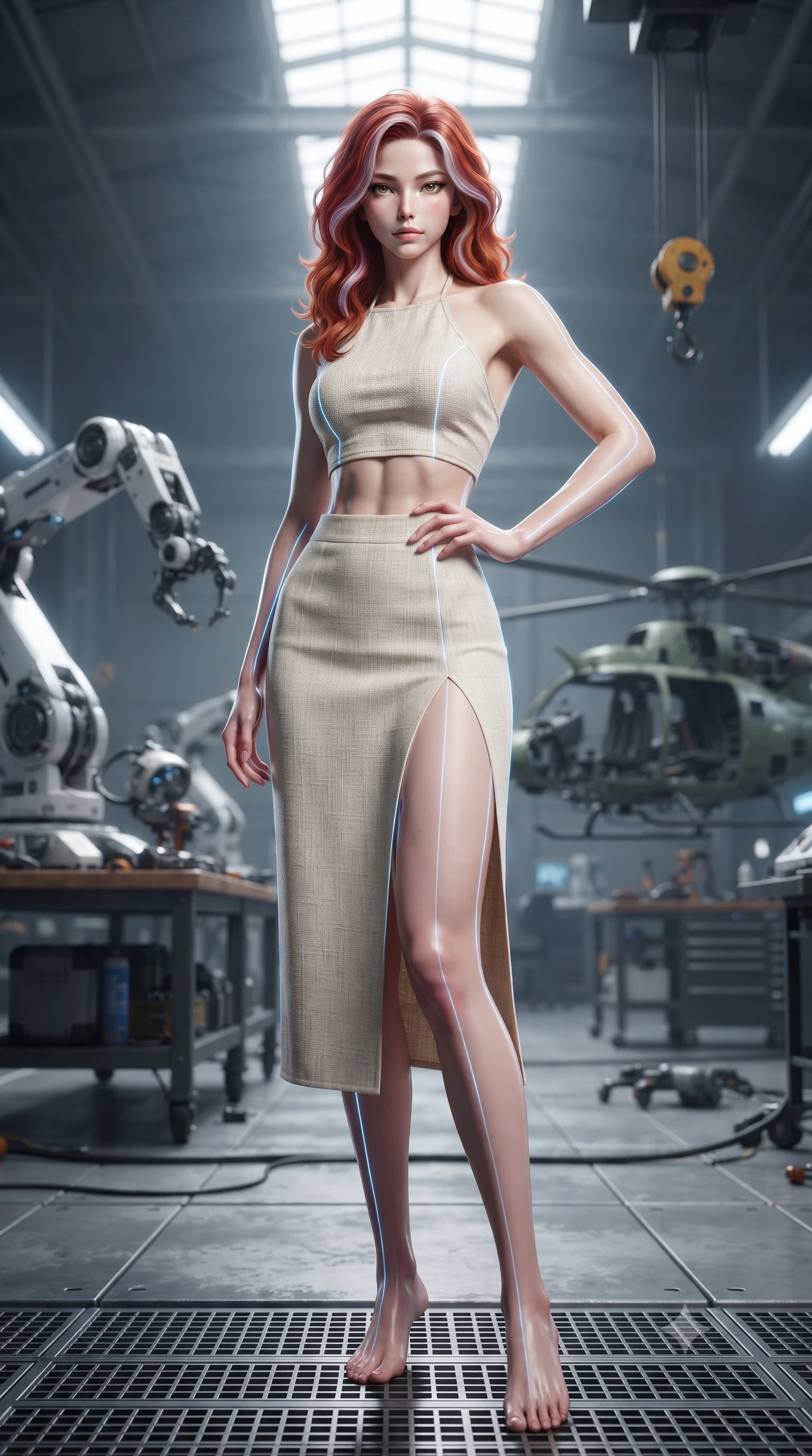 score_9, masterpiece, best quality, ultra-detailed, high-budget anime keyframe, editorial fashion photography, tasteful artistic composition, Caucasian woman. low angle full-body shot from head to toe showing her feet, filling the entire 9:16 vertical frame with her statuesque presence, stretching her vertical silhouette. posing confidently with one hand on her hip, stretching her statuesque body to emphasize her curves the background shows a soft-focus an automated repair bay with mechanical arms and helicopter parts in a hangar. She has an absolutely perfect, statuesque 8.5-heads proportion, an exceptionally tall and slender model-like female figure with impossibly long slender legs and an ultra-slim waist. sharp v-shaped jawline, high-bridge nose, intricate jewel-like eyes with depth, thick eyelashes, glossy lips with a natural sheen. wearing a body-hugging linen halter-neck crop top paired with a matching high-slit midi skirt, revealing a sculpted midriff. glowing blue laser lines tracing her form with precision. ultra-reflective glossy finish, specular highlights, metallic sheen, high-contrast stereoscopic depth, volumetric dynamic lighting, 2k, ultra detail, master piece, 9:16 ratio