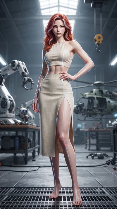 score_9, masterpiece, best quality, ultra-detailed, high-budget anime keyframe, editorial fashion photography, tasteful artistic composition, Caucasian woman. low angle full-body shot from head to toe showing her feet, filling the entire 9:16 vertica