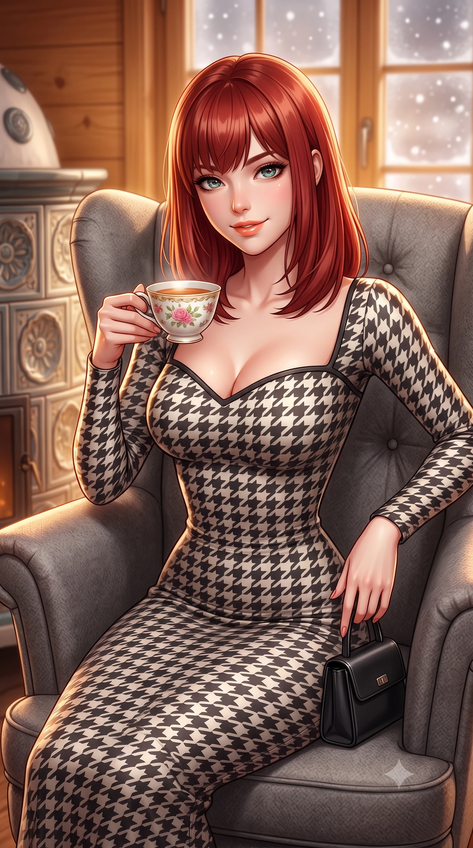 score_9, masterpiece, best quality, ultra-detailed, high-budget anime keyframe, semi-realistic 3D game render, editorial fashion photography, tasteful artistic composition, Caucasian woman. close-up cowboy shot from the waist and thighs up, the character dominates the composition, filling the frame with her large presence. resting both elbows on the balustrade while leaning forward gracefully, her smile sparkling with youthful cute charm and seductive allure while curled up comfortably in an oversized wool wingback chair beside a traditional ceramic tile stove, smiling warmly with teacup in hand. The background shows a soft-focus softly falling snowflakes outside frosted panes softened in intimate alpine winter hideaway shallow focus. She has an exceptionally elegant, slender, and willowy female figure with an ultra-slim waist, flat toned midriff, narrow ribcage, and sculpted feminine hips creating an alluring, slim hourglass silhouette without bulk. sharp v-shaped jawline, high-bridge nose, intricate jewel-like sparkling eyes with depth, thick eyelashes, glossy parted lips with a natural peach sheen, bright cheerful beaming smile with an enchanting and coquettish sensual glint, exuding both youthful cute charm and seductive allure, flawlessly proportioned anatomical accuracy, strict slender model proportions, natural body alignment, perfectly sculpted long slender limbs, ultra-slim waistline, clean dynamic posture without body distortion. wearing a sculpted sweetheart-neckline knit bodycon dress with long fitted sleeves and an ultra-snug bodice in classic Savile Row charcoal houndstooth and crisp ivory, woven from fluid liquid silk jersey that clings smoothly to her narrow waist and rounded hips with a dewy sheen, finished with a structured leather micro-bag held lightly at her hip, the liquid-tight tailored fabric clinging flawlessly to her narrow waist and rounded feminine hips, emphasizing every millimeter of her sculpted slim hourglass curves without any bulky heaviness. illuminated by honey pine wall reflection bounce and warm buttery rim lights sculpting her features and slender hourglass curves. highly saturated vibrant anime colors, detailed shading with soft gradients, rich glossy textures, high-contrast stereoscopic depth, volumetric dynamic lighting, master piece, 9:16 ratio