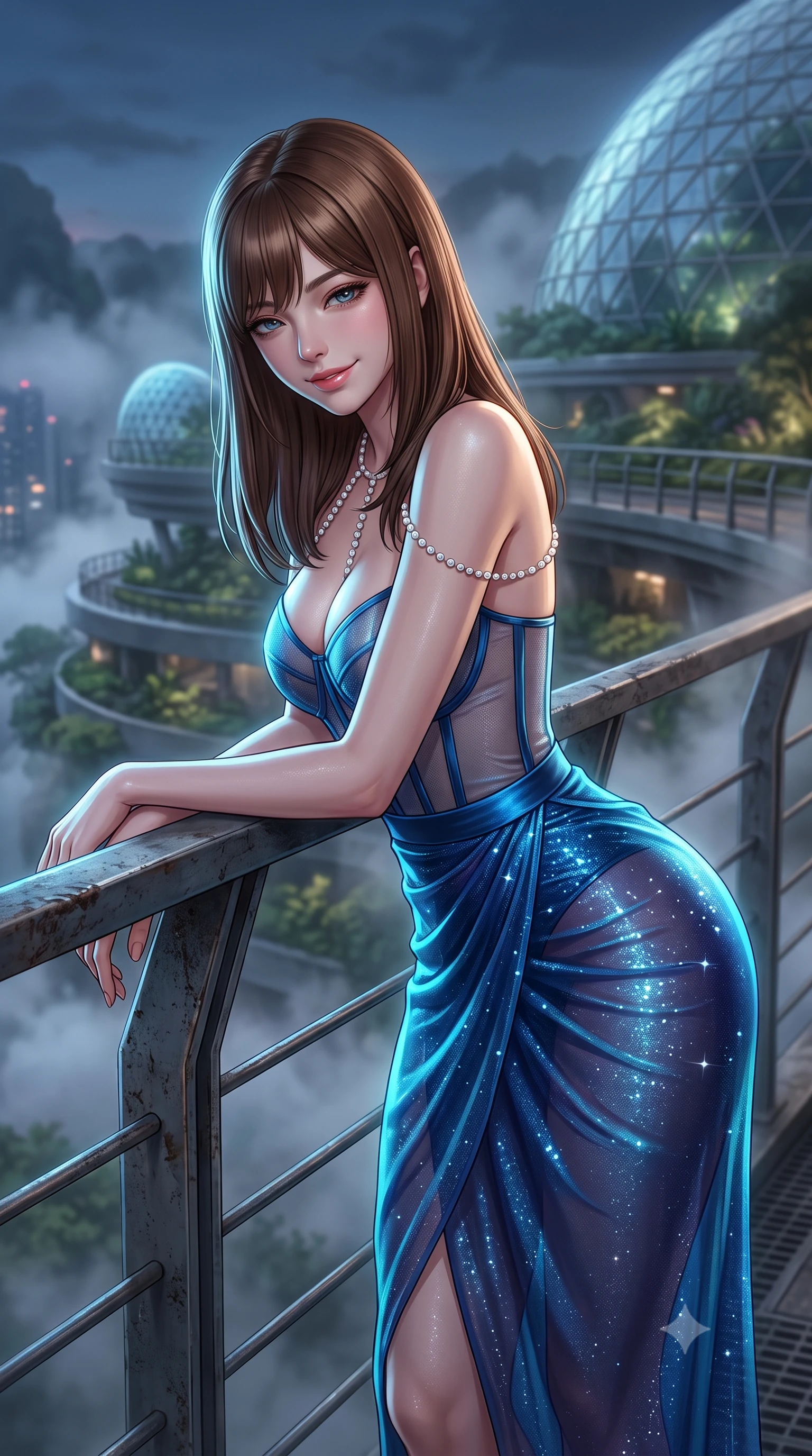 score_9, masterpiece, best quality, ultra-detailed, high-budget anime keyframe, semi-realistic 3D game render, editorial fashion photography, tasteful artistic composition, Korean woman. close-up cowboy shot from the waist and thighs up, the character dominates the composition, filling the frame with her large presence. leaning forward while arching her lower back to accentuate her curvy hips, looking into the camera with an intoxicating smoldering gaze and bedroom-eyes while leaning against the structural steel handrail with hips cocked back, looking down over vertical mountain gardens with heavy-lidded bedroom-eyes. The background shows a soft-focus dense high-altitude mist plumes softened in futuristic bio-dome shallow focus. She has an exceptionally elegant, slender, and willowy female figure with an ultra-slim waist, flat toned midriff, narrow ribcage, and sculpted feminine hips creating an alluring, slim hourglass silhouette without bulk. sharp v-shaped jawline, high-bridge nose, intricate jewel-like sparkling eyes with depth, thick eyelashes, glossy parted lips with a natural peach sheen, bright cheerful beaming smile with an enchanting and coquettish sensual glint, exuding both youthful cute charm and seductive allure, flawlessly proportioned anatomical accuracy, strict slender model proportions, natural body alignment, perfectly sculpted long slender limbs, ultra-slim waistline, clean dynamic posture without body distortion. wearing a provocative translucent mesh corset bodice with boned satin channels paired with a sheer chiffon wrap maxi skirt in Singapore Marina Bay electric cyan and midnight sapphire, woven from stretch metallic lurex jersey casting radiant starlight glints across her curves, accented with a pearl-drop body harness subtly framing her dewy collarbones and spine, the liquid-tight tailored fabric clinging flawlessly to her narrow waist and rounded feminine hips, emphasizing every millimeter of her sculpted slim hourglass curves without any bulky heaviness. illuminated by condensation reflection bounce and sharp silver-cyan rim lights sculpting her jawline, narrow waist, and curvy hips. highly saturated vibrant anime colors, detailed shading with soft gradients, rich glossy textures, high-contrast stereoscopic depth, volumetric dynamic lighting, master piece, 9:16 ratio
