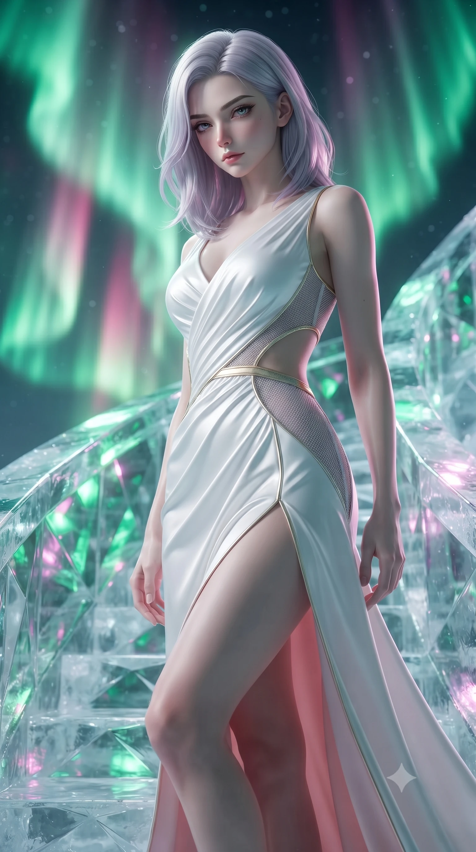 score_9, masterpiece, best quality, ultra-detailed, high-budget anime keyframe, editorial fashion photography, tasteful artistic composition, Caucasian woman. close-up cowboy shot from the waist and thighs up, the character dominates the composition, filling the frame with her large presence, background elements kept in soft focus. Casting a slow, direct gaze beneath heavy lashes with quiet intensity, ascending a translucent ice staircase beneath a swirling curtain of green and pink aurora rays, high-contrast ice facets refracting sharp emerald and magenta specular highlights. She has an exceptionally elegant, slender, and willowy female figure with an ultra-slim waist, a gracefully sculpted slender torso, and a refined silhouette. sharp v-shaped jawline, high-bridge nose, intricate jewel-like eyes with depth, thick eyelashes, glossy lips with a natural sheen. wearing draped white silk gown featuring graceful waist cutouts and thigh slit in soft blush pink, made of fine silver contouring mesh, finished with metallic gold boning and sleek zipper points, contouring every curve with an exceptionally elegant silhouette. lit by intense aurora key light cutting through clear translucent ice. ultra-reflective glossy finish, specular highlights, metallic sheen, high-contrast stereoscopic depth, volumetric dynamic lighting, 2k, ultra detail, master piece, 9:16 ratio