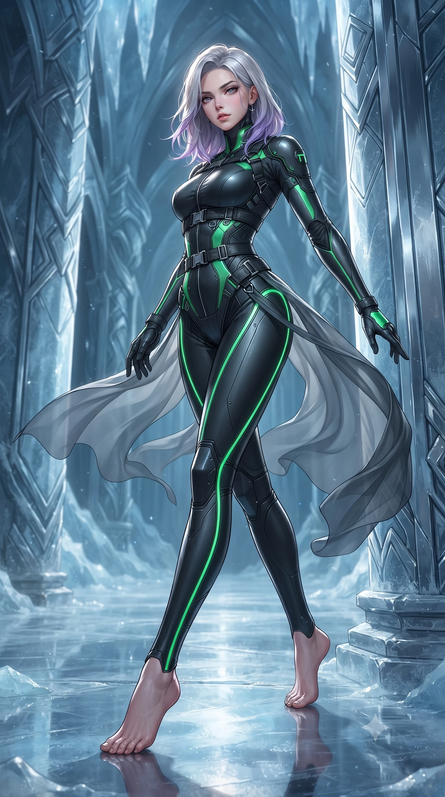 score_9, masterpiece, best quality, ultra-detailed, high-budget anime keyframe, editorial fashion photography, tasteful artistic composition, Caucasian woman. low angle full-body shot from head to toe showing her feet, filling the entire 9:16 vertical frame with her statuesque presence, stretching her vertical silhouette. leaning deep against the structural architecture with hips cocked in an unapologetically bold, seductive high-fashion stance while striding across the reflective frozen stone temple floor, hips swaying in an alluring rhythm as gale-force winds whip her silk drapery. The surrounding environment is rendered in vivid detail and crisp panoramic clarity. sharp chrome runestone carvings, glacier ice fissure clarity, and titanium armor panel seams in deep focus. She has an absolutely perfect, statuesque 8.5-heads proportion, an exceptionally tall and slender model-like female figure with impossibly long slender legs, a toned flat midriff, an ultra-slim waist, and beautifully sculpted feminine hips. sharp v-shaped jawline, high-bridge nose, intricate jewel-like eyes with depth, thick eyelashes, glossy parted lips with a natural sheen, intensely captivating and seductive bedroom-eyes expression, flawlessly proportioned anatomical accuracy, strict slender model proportions, natural body alignment, perfectly sculpted long slender limbs, ultra-slim waistline, clean dynamic posture without body distortion. wearing a high-tech surveillance operative suit with flexible titanium joints and waist-cinching harness in stealth obsidian black and electric aurora green, crafted from lightweight carbon-titanium composite with precision beveled seams, finished with quick-release titanium buckles and neon-reflective piping, the glove-like aerodynamic silhouette tightly following the natural contour of her hips and long slender legs with statuesque precision. surrounded by an indomitable, lethal, and breathtakingly majestic cyber-valkyrie goddess aura. ultra-reflective glossy finish, specular highlights, rich textural contrasts, high-contrast stereoscopic depth, volumetric dynamic lighting, 2k, ultra detail, master piece, 9:16 ratio