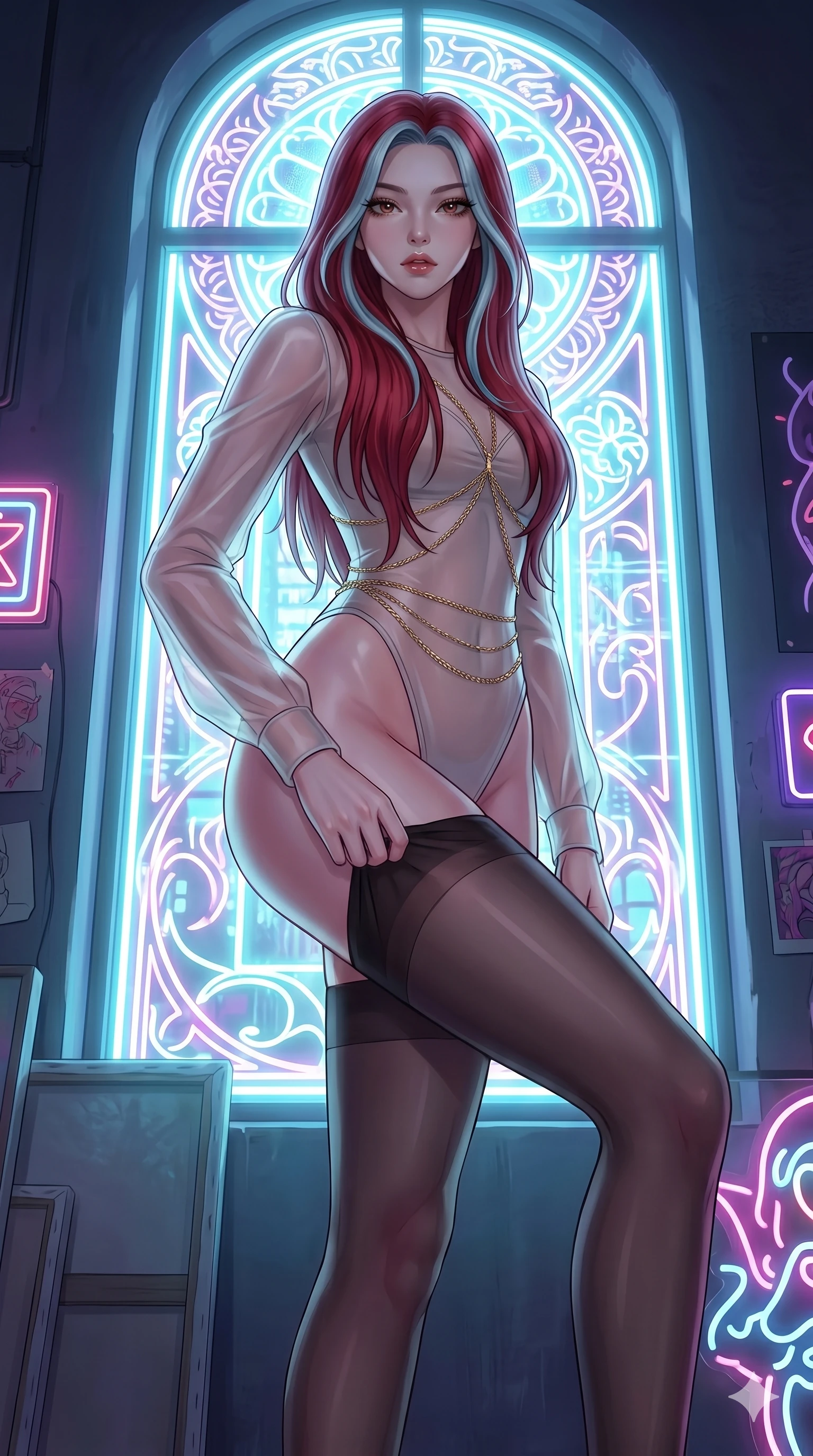 score_9, masterpiece, best quality, ultra-detailed, High-budget Anime Keyframe, East Asian woman. Low angle cowboy shot filling the entire 9:16 frame with her statuesque presence. Scenario 17: Adjusting her thigh-high stocking by a glowing neon window. Her presence is magnetic and overpowering in this high-budget anime scene. Outfit 17: A sheer organza long with a high-cut leg line and fine gold chains. The clothing is designed to emphasize her exceptionally tall and slender 8-heads proportion. 8-heads proportion, towering silhouette, ultra-slim waist. sharp v-shaped jawline, intricate jewel-like eyes with depth, thick eyelashes, glossy lips. 2k, ultra detail, master piece, 9:16 ratio