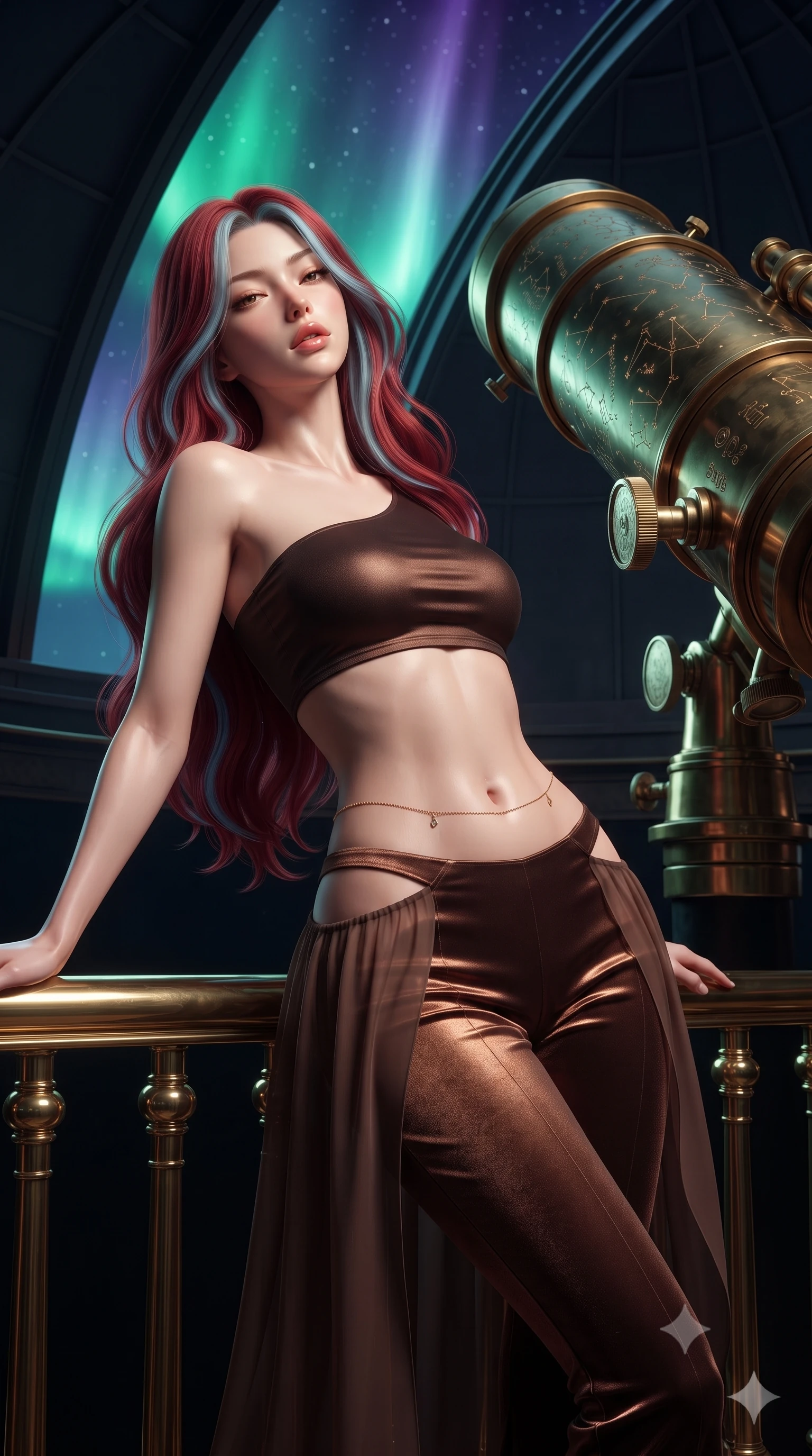score_9, masterpiece, best quality, ultra-detailed, high-budget anime keyframe, editorial fashion photography, tasteful artistic composition, Caucasian woman. close-up cowboy shot from the waist and thighs up, the character dominates the composition, filling the frame with her large presence. leaning back against the balustrade with relaxed seductive grace, head tilted back slightly while casting a hypnotic, heavy-lidded gaze while standing beside the monumental brass telescope beneath the open dome slit, arching her spine with breathtaking celestial allure. The surrounding environment is rendered in vivid detail and crisp panoramic clarity: sharp polished brass telescope tube reflections, knurled adjustment knobs, and constellation chart engravings in deep focus. She has an exceptionally elegant, slender, and willowy female figure with an ultra-slim waist, flat toned midriff, narrow ribcage, and sculpted feminine hips creating an alluring, slim hourglass silhouette without bulk. sharp v-shaped jawline, high-bridge nose, sparkling eyes with hypnotic seductive depth, thick curled eyelashes, glossy parted lips with a natural dewy peach sheen, alluring bedroom-eyes with an enchanting coquettish smile, exuding magnetic siren charisma and sophisticated glamour, flawlessly proportioned anatomical accuracy, strict slender model proportions, natural body alignment, perfectly sculpted long slender limbs, ultra-slim waistline, clean dynamic posture without body distortion. wearing a form-contouring one-shoulder minimalist bandeau top paired with low-rise tailored trousers with sheer hip cutouts in sultry espresso bronze and metallic copper with velvet sheen, made of sheer gossamer chiffon that drapes softly against skin with airy translucence, accented with a dainty gold belly chain resting across her flat midriff and curving hips, the precision-cut side openings and low-back scoop framing her graceful spine and the sensual sweep of her slim, toned hips. bathed in the glowing emerald and violet luminescence of the aurora borealis overhead. ultra-reflective glossy finish, specular highlights, rich textural contrasts, high-contrast stereoscopic depth, volumetric dynamic lighting, 2k, ultra detail, master piece, 9:16 ratio