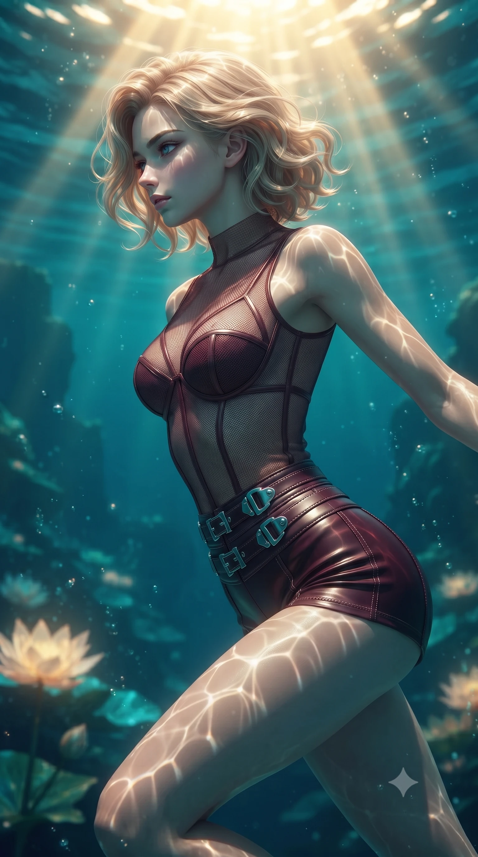 score_9, masterpiece, best quality, ultra-detailed, high-budget anime keyframe, editorial fashion photography, tasteful artistic composition, Caucasian woman. close-up cowboy shot from the waist and thighs up, the character dominates the composition, filling the frame with her large presence, background elements kept in soft focus. Turning her face in sharp profile while her upper body leans forward with poised athletic grace while floating underwater in a dynamic mid-air spin over a glowing lotus reef in a subterranean lagoon, intense golden sunbeams penetrating deep turquoise water creating caustic light ripples. She has an exceptionally elegant, slender, and willowy female figure with an ultra-slim waist, a gracefully sculpted slender torso, and a refined silhouette. sharp v-shaped jawline, high-bridge nose, intricate jewel-like eyes with depth, thick eyelashes, glossy lips with a natural sheen, flawlessly proportioned anatomical accuracy, natural body alignment, perfectly sculpted elegant limbs, clean dynamic posture without body distortion. wearing a delicate see-through mesh top with structured cup boning and micro-shorts in deep burgundy and bronze, formed from sleek second-skin neoprene, detailed with polished silver buckles along the waistline, the glove-like fit emphasizing her statuesque silhouette during motion. bathed in brilliant underwater sunbursts and luminous turquoise caustic glow. ultra-reflective glossy finish, specular highlights, metallic sheen, high-contrast stereoscopic depth, volumetric dynamic lighting, 2k, ultra detail, master piece, 9:16 ratio