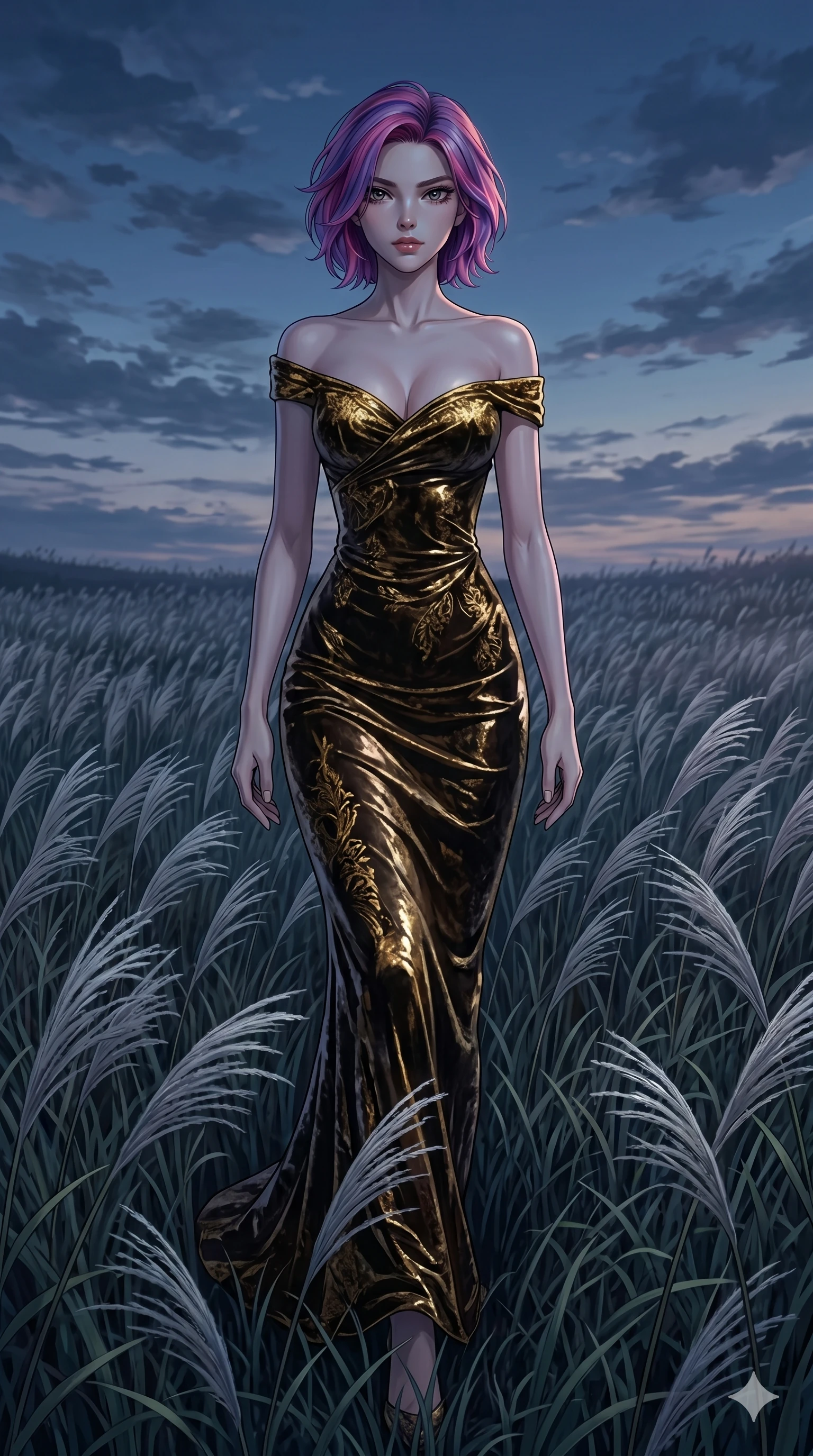 score_9, masterpiece, best quality, ultra-detailed, High-budget Anime Keyframe, East Asian woman. Dynamic full-body shot stretching the vertical silhouette to the limit. Scenario 228: Walking through a field of tall silver grass at twilight. Her presence is magnetic and overpowering in this high-budget anime scene. Outfit 228: A crushed dark velvet gold with a low-cut shoulder and wet-look texture. The clothing is designed to emphasize her exceptionally tall and slender 8-heads proportion. 8-heads proportion, towering silhouette, ultra-slim waist. sharp v-shaped jawline, intricate jewel-like eyes with depth, thick eyelashes, glossy lips. 2k, ultra detail, master piece, 9:16 ratio