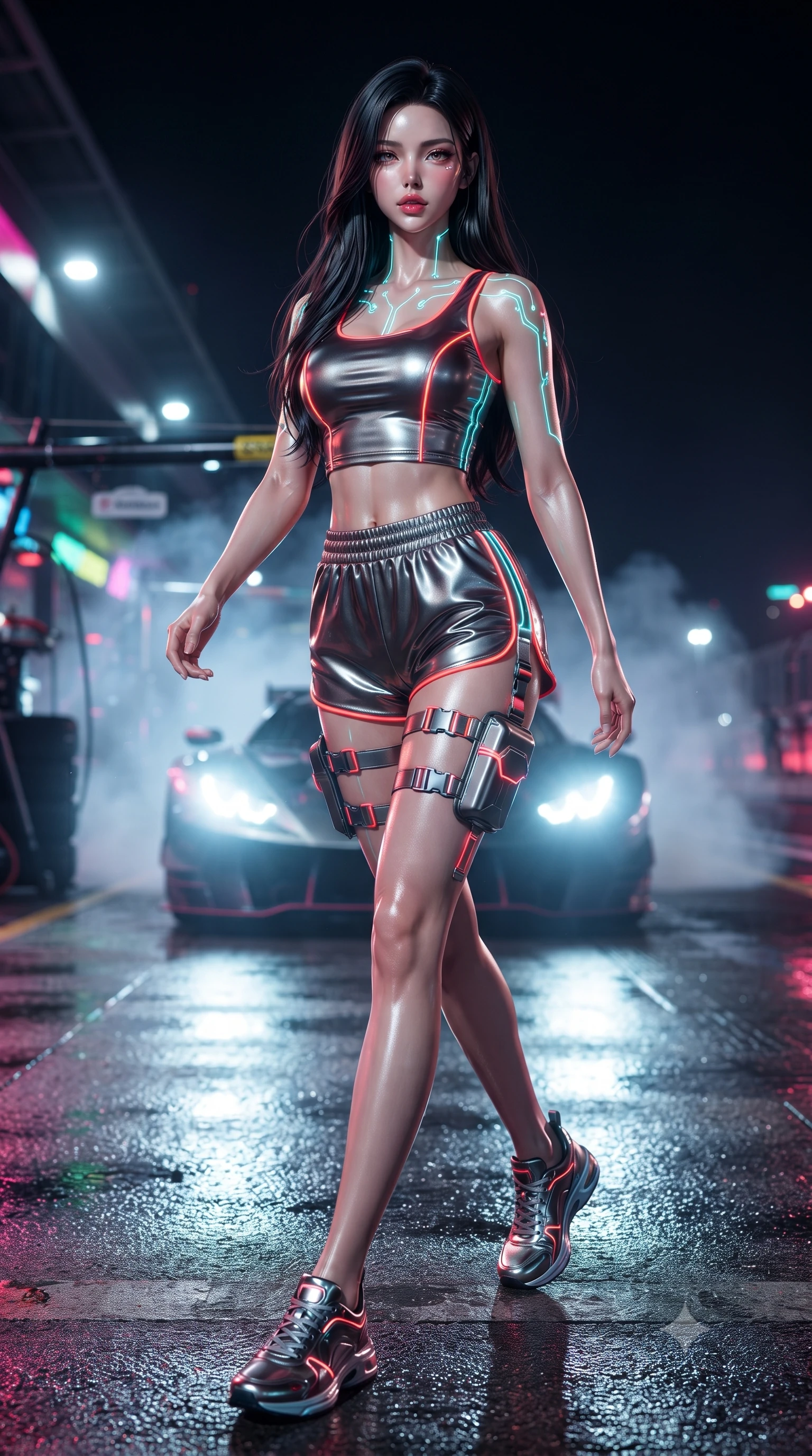score_9, masterpiece, best quality, ultra-detailed, high-budget anime keyframe, editorial fashion photography, tasteful artistic composition, Korean woman. low angle full-body shot from head to toe showing her feet, filling the entire 9:16 vertical frame with her statuesque presence, stretching her vertical silhouette. pivoting dynamically with supreme athletic balance, her impossibly long slender legs and ultra-slim waist creating a mesmerizing vertical line while striding dynamically along the wet pitlane pavement as incoming headlights cast long, cinematic specular reflections. The composition keeps background elements in soft focus with creamy bokeh. drifting tire smoke sheets and carbon-fiber garage gantries softened in moody shallow focus. She has an absolutely perfect, statuesque 8.5-heads proportion, an exceptionally tall and slender model-like female figure with impossibly long slender legs, a toned flat midriff, and an ultra-slim waist. sharp v-shaped jawline, high-bridge nose, intricate jewel-like eyes with depth, thick eyelashes, glossy parted lips with a natural sheen, intensely captivating and seductive expression, flawlessly proportioned anatomical accuracy, strict slender model proportions, natural body alignment, perfectly sculpted long slender limbs, ultra-slim waistline, clean dynamic posture without body distortion. wearing a metallic leather crop tank with high-waist track shorts and tactical leg harness straps in metallic gunmetal and blazing neon coral, tailored from high-gloss patent vinyl with sharp specular chiaroscuro, finished with glowing cyan circuit lines tracing her collarbones and shoulders, the liquid-tight tailored fabric emphasizing every curve of her tall, slender model proportions and sculptured silhouette. bathed in high-intensity xenon hypercar headlights and neon pitlane floodlights. ultra-reflective glossy finish, specular highlights, rich textural contrasts, high-contrast stereoscopic depth, volumetric dynamic lighting, 2k, ultra detail, master piece, 9:16 ratio