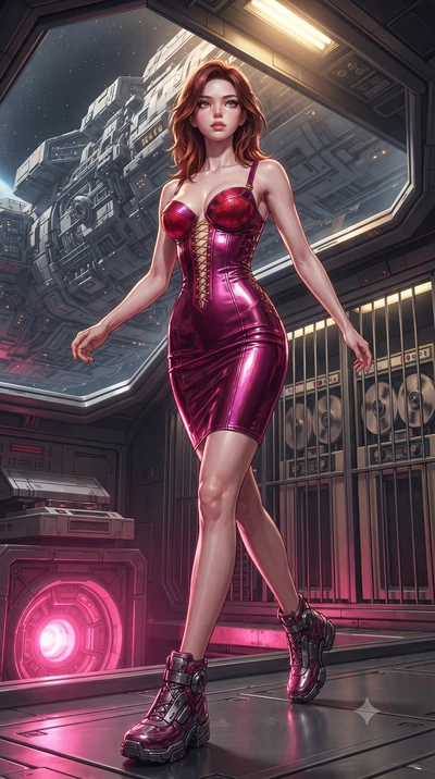 score_9, masterpiece, best quality, ultra-detailed, high-budget anime keyframe, editorial fashion photography, tasteful artistic composition, realistic cosplay photography, Korean woman. low angle full-body shot from head to toe showing her feet, fil