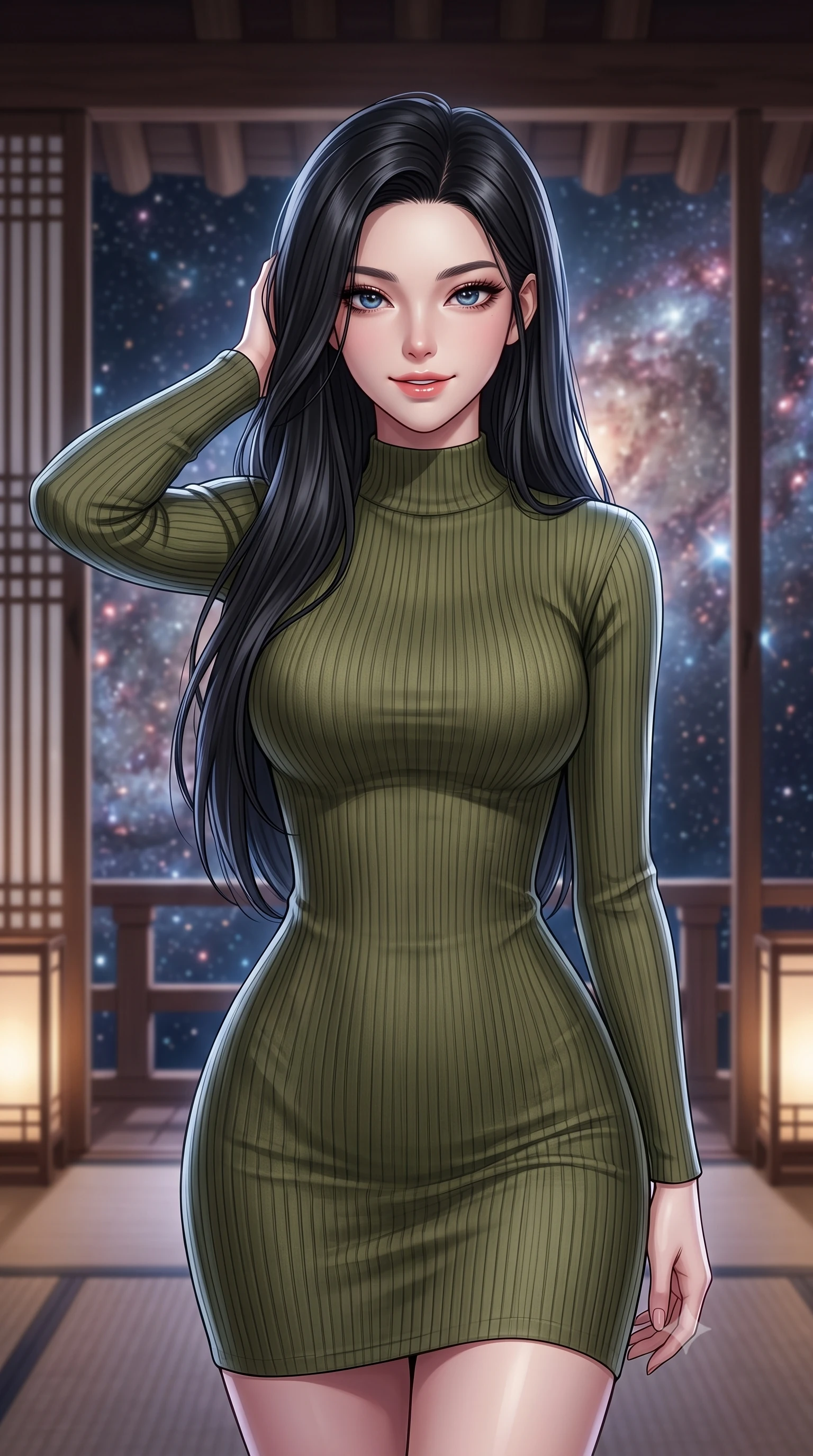 score_9, masterpiece, best quality, ultra-detailed, high-budget anime keyframe, editorial fashion photography, tasteful artistic composition, Korean woman. close-up cowboy shot from the waist and thighs up, the character dominates the composition, filling the frame with her large presence, background elements kept in soft focus. slowly running a hand through her hair, smiling with quiet, magnetic self-assurance directly into the camera, the background shows a soft-focus a tea pavilion observatory looking at a galaxy nebula in stardust. She has an exceptionally elegant, slender, and willowy female figure with an ultra-slim waist, a gracefully sculpted slender torso, and a refined silhouette. sharp v-shaped jawline, high-bridge nose, intricate jewel-like eyes with depth, thick eyelashes, glossy lips with a natural sheen. wearing a tailored body-hugging ribbed carbon-fiber knit bodycon midi dress in olive green, featuring a snug mock-neck. soft silver starlight wrapping her statuesque posture in a quiet mood. highly saturated vibrant anime colors, detailed shading with soft gradients, rich glossy textures, high-contrast stereoscopic depth, volumetric dynamic lighting, master piece, 9:16 ratio