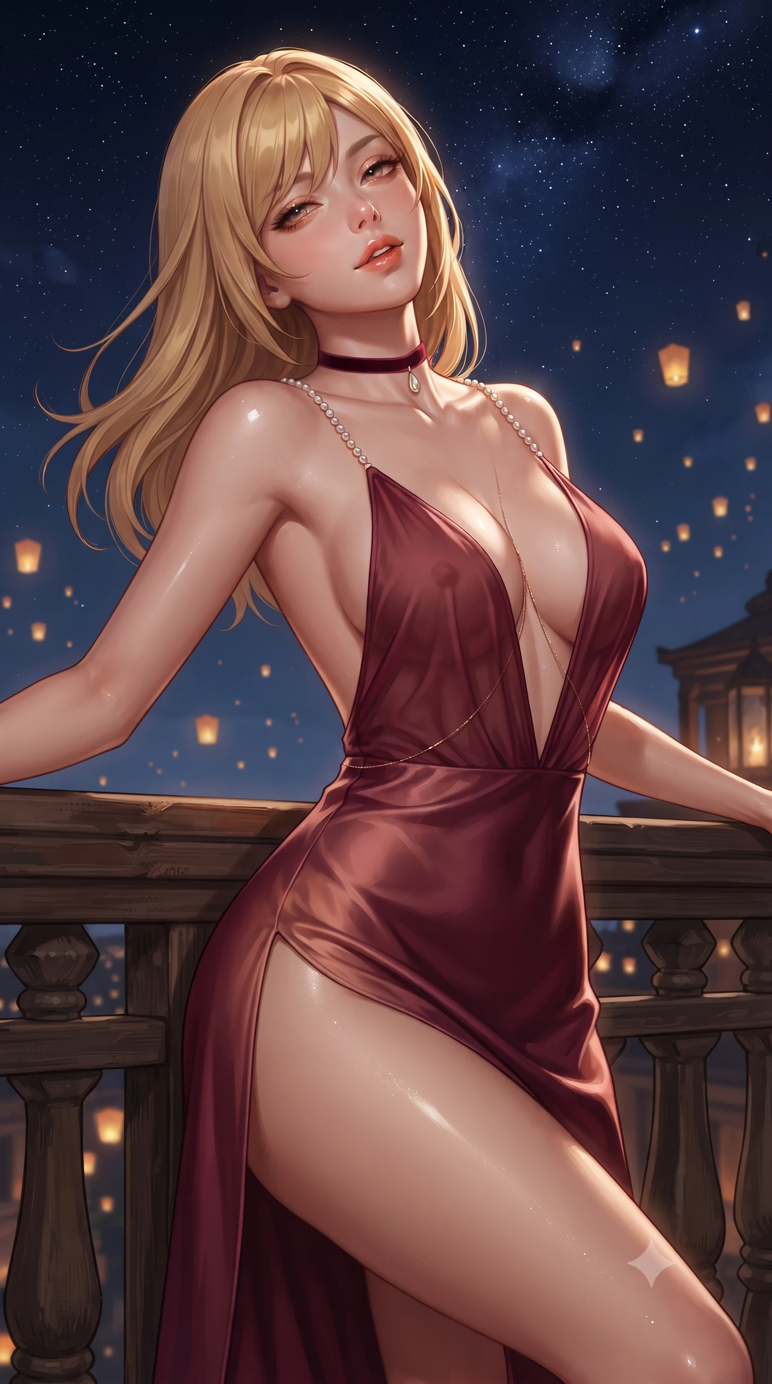 score_9, masterpiece, best quality, ultra-detailed, high-budget anime keyframe, editorial fashion photography, tasteful artistic composition, Caucasian woman. close-up cowboy shot from the waist and thighs up, the character dominates the composition, filling the frame with her large presence. leaning back against the balustrade with relaxed seductive grace, head tilted back slightly while casting a hypnotic, heavy-lidded gaze while lounging across the oversized plush silk divan draped in flowing sheer white linen, arching her spine with effortless supermodel poise under the stars. The surrounding environment is rendered in vivid detail and crisp panoramic clarity: detailed backless plunge-front silk jumpsuit tailoring, gold body chain shine, and bespoke cabana woodwork in high resolution. She has an exceptionally elegant, slender, and willowy female figure with an ultra-slim waist, flat toned midriff, narrow ribcage, and sculpted feminine hips creating an alluring, slim hourglass silhouette without bulk. sharp v-shaped jawline, high-bridge nose, sparkling eyes with hypnotic seductive depth, thick curled eyelashes, glossy parted lips with a natural dewy peach sheen, alluring bedroom-eyes with an enchanting coquettish smile, exuding magnetic siren charisma and sophisticated glamour, flawlessly proportioned anatomical accuracy, strict slender model proportions, natural body alignment, perfectly sculpted long slender limbs, ultra-slim waistline, clean dynamic posture without body distortion. wearing a plunging cowl-neck liquid silk satin slip gown with daring hip-high slit and delicate pearl spaghetti straps in smoldering Chianti crimson wine and deep rose-gold, made of sheer gossamer chiffon that drapes softly against skin with airy translucence, finished with a thin velvet ribbon choker and a single teardrop diamond pendant, the high-slit wrap tailoring accentuating her ultra-slim waistline and the enchanting curve of her feminine hips with alluring seductive charm. illuminated by lantern light scatter and sharp starry-platinum rim lights defining her delicate clavicles, ultra-slim waist, and curvy hips. ultra-reflective glossy finish, specular highlights, rich textural contrasts, high-contrast stereoscopic depth, volumetric dynamic lighting, 2k, ultra detail, master piece, 9:16 ratio