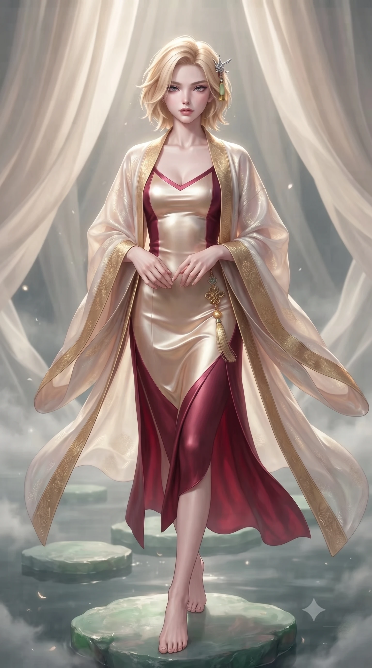score_9, masterpiece, best quality, ultra-detailed, high-budget anime keyframe, editorial fashion photography, tasteful artistic composition, Caucasian woman. close-up cowboy shot from the waist and thighs up, the character dominates the composition, filling the frame with her large presence. holding her hands loosely in front with regal, aristocratic poise, radiating an overwhelming high-society aura while striding across floating jade stepping stones with ethereal, weightless grace and divine celestial poise. The composition keeps background elements in soft focus with creamy bokeh. billowing silk pavilion drapes and water mist layers softened in dreamy atmospheric depth of field. She has an exceptionally elegant, slender, and willowy female figure with an ultra-slim waist, a gracefully sculpted slender torso, toned flat midriff, and a refined slim silhouette. sharp v-shaped jawline, high-bridge nose, intricate jewel-like eyes with depth, thick eyelashes, glossy lips with a natural sheen, captivating and magnetic expression, flawlessly proportioned anatomical accuracy, strict slender model proportions, natural body alignment, perfectly sculpted long slender limbs, ultra-slim waistline, clean dynamic posture without body distortion. wearing an ethereal moon-goddess gossamer robe worn over a form-contouring pearlescent silk slip in imperial gold and deep crimson silk, woven from lightweight fluid silk brocade with woven gold thread, accented with a glowing metallic norigae knot charm and silver hairpin, the form-contouring material adhering flawlessly to her sculpted flat midriff and slender torso, emphasizing her long leg lines and perfectly proportioned willowy build. illuminated by gentle ambient water bounce light defining her flawless features and slender waist. ultra-reflective glossy finish, specular highlights, rich textural contrasts, high-contrast stereoscopic depth, volumetric dynamic lighting, 2k, ultra detail, master piece, 9:16 ratio