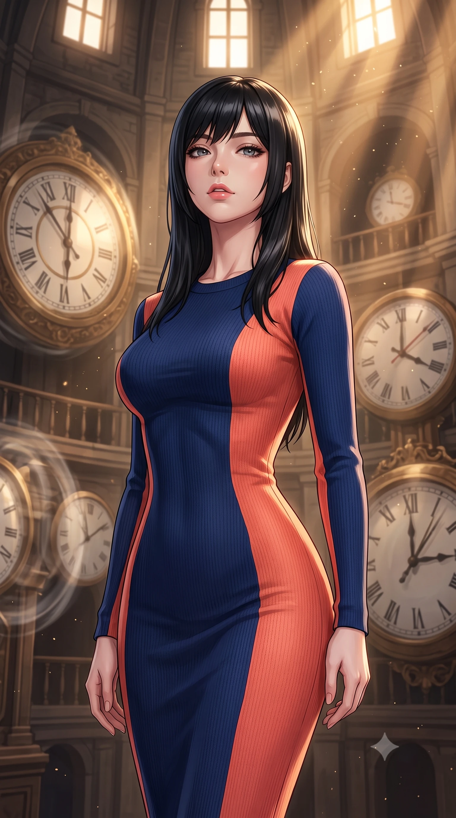 score_9, masterpiece, best quality, ultra-detailed, high-budget anime keyframe, editorial fashion photography, tasteful artistic composition, Caucasian woman, strictly human ears. close-up cowboy shot from the waist and thighs up, the character dominates the composition, filling the frame with her large presence, background elements kept in soft focus. Tilting her chin up slightly with lips parted in a composed expression. set against a soft-focus background of inside a tower where time flows at different rates on each level massive ornate clocks running at visibly different speeds with temporal distortion creating ghostly motion-blur halos around objects caught between time streams. She has an exceptionally elegant and slender, willowy female figure with an ultra-slim waist, a gracefully sculpted slender torso, and a refined slim physique. sharp v-shaped jawline, high-bridge nose, intricate jewel-like eyes with depth, thick eyelashes, glossy lips with a natural sheen. wearing a precision-fitted long-sleeve knit midi dress in a vibrant color block of navy and warm coral, contouring her slender torso. golden hour sunlight streaming in warm shafts with floating dust particles catching the light. 2k, ultra detail, master piece, 9:16 ratio