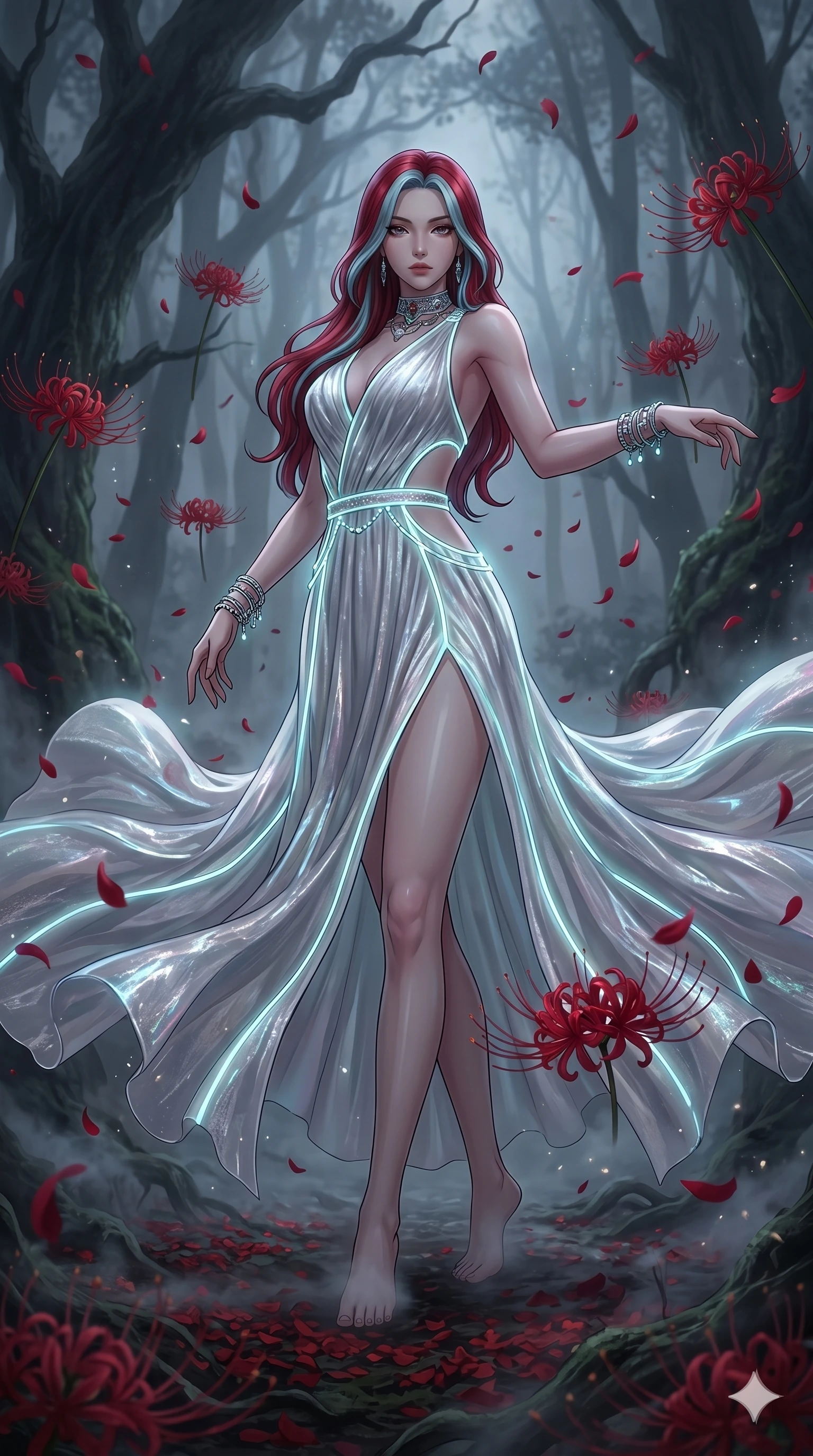 score_9, masterpiece, best quality, ultra-detailed, High-budget Anime Keyframe, East Asian woman. Low angle cowboy shot filling the entire 9:16 frame with her statuesque presence. Scenario 135: Dancing amidst falling red spider lilies in a misty dark forest. Her presence is magnetic and overpowering in this high-budget anime scene. Outfit 135: A shimmering chiffon bare with a thigh-high slit and glowing LED seams. The clothing is designed to emphasize her exceptionally tall and slender 8-heads proportion. 8-heads proportion, towering silhouette, ultra-slim waist. sharp v-shaped jawline, intricate jewel-like eyes with depth, thick eyelashes, glossy lips. 2k, ultra detail, master piece, 9:16 ratio