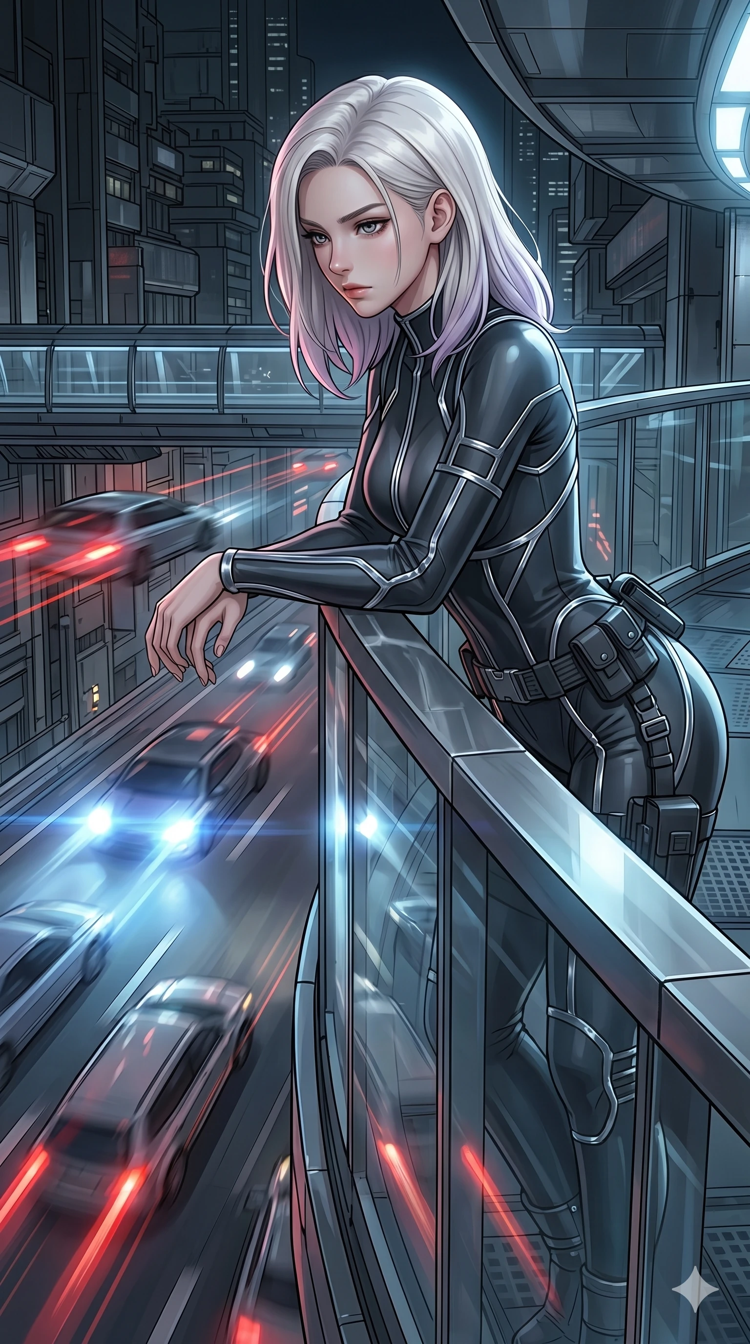 score_9, masterpiece, best quality, ultra-detailed, high-budget anime keyframe, editorial fashion photography, tasteful artistic composition, Caucasian woman, strictly human ears. Upper body close-up from the thighs up, character filling the screen for maximum presence. Leaning over a railing on an overhead walkway, watching the traffic of flying vehicles pass underneath with a thoughtful gaze. She is wearing a sleek tailored tech-jumpsuit with reflective silver piping and a utility belt. The scene is lit by the passing red tail lights and white headlights of flying vehicles. 2k, ultra detail, master piece, 9:16 ratio