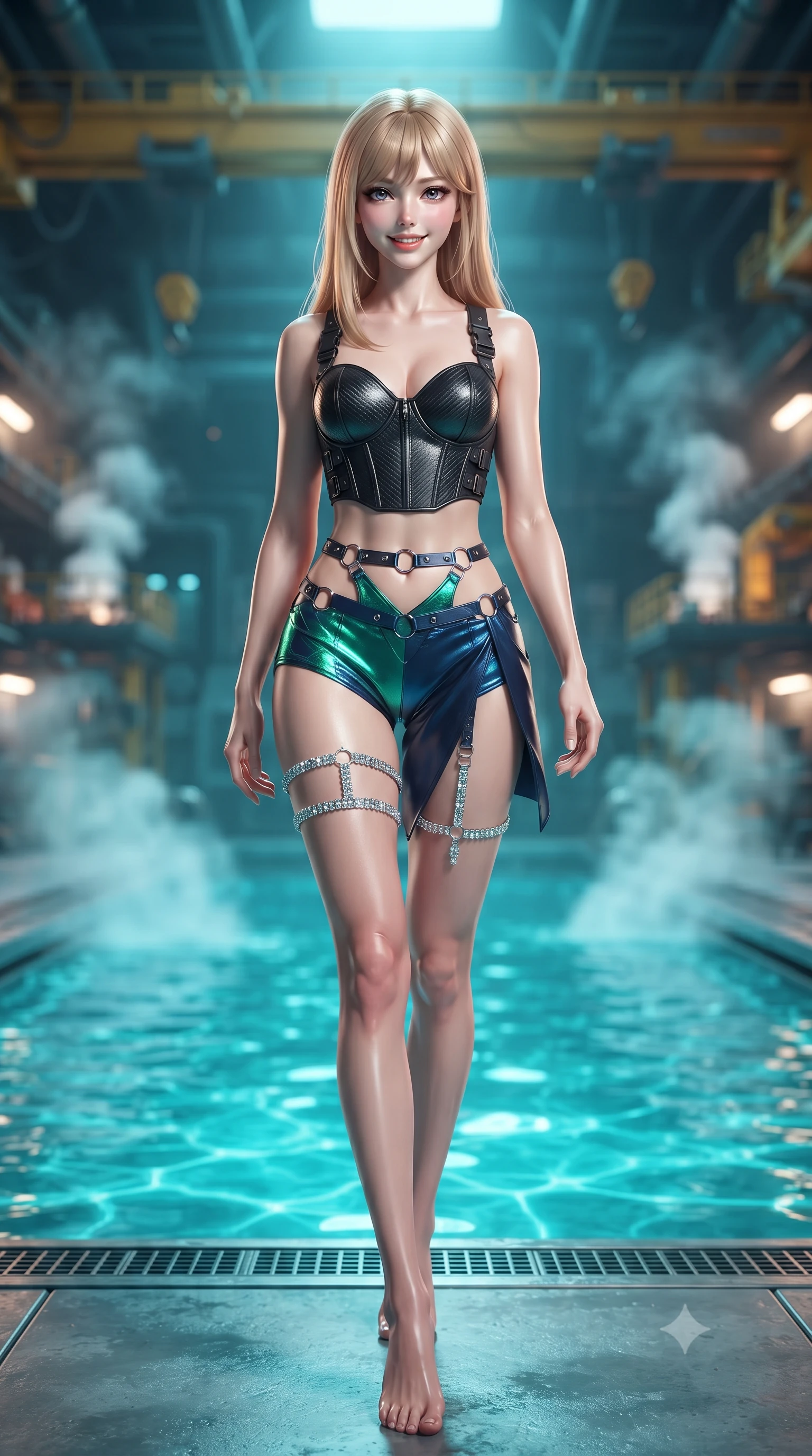 score_9, masterpiece, best quality, ultra-detailed, high-budget anime keyframe, editorial fashion photography, tasteful artistic composition, Japanese woman. low angle full-body shot from head to toe showing her feet, filling the entire 9:16 vertical frame with her statuesque presence, stretching her vertical silhouette. stepping slowly toward the camera with hypnotic grace, hips swaying in an alluring sensual rhythm that accentuates her curvy hourglass silhouette and long slender legs while twisting her slender torso in an alluring S-curve beside the departure pool, pulsating turquoise water caustics caressing her flat midriff and hips. The background shows a soft-focus glowing turquoise water opening straight down into Europa's ocean, rising steam from heated gantries, and overhead yellow cranes blurred into turquoise, amber, and diamond bokeh. She has an exceptionally tall and slender model-like 8.5-heads proportion, an ultra-slim waist, a flat toned midriff, narrow delicate ribcage, and beautifully sculpted feminine hips creating a graceful, slim hourglass silhouette without any bulky heaviness, with impossibly long slender legs. sharp v-shaped jawline, high-bridge nose, intricate jewel-like sparkling eyes with depth, thick eyelashes, glossy parted lips with a natural peach sheen, bright cheerful beaming smile with an enchanting and coquettish sensual glint, exuding both youthful cute charm and seductive allure, flawlessly proportioned anatomical accuracy, strict slender model proportions, natural body alignment, perfectly sculpted long slender limbs, ultra-slim waistline, clean dynamic posture without body distortion. wearing a sculpted carbon-fiber underwire crop corset with tactical buckle straps paired with low-rise micro shorts in bioluminescent emerald and abyssal sapphire, adorned with delicate chrome ring hardware and cutouts along her slender waist, finished with delicate crystal-encrusted thigh garter straps glinting in the dim light, the high-slit wrap tailoring accentuating her ultra-slim waistline and the enchanting curve of her feminine hips with alluring seductive charm. bathed in brilliant turquoise water up-light combined with warm 2800K platform recessed downlights. ultra-reflective glossy finish, specular highlights, rich textural contrasts, high-contrast stereoscopic depth, volumetric dynamic lighting, 2k, ultra detail, master piece, 9:16 ratio