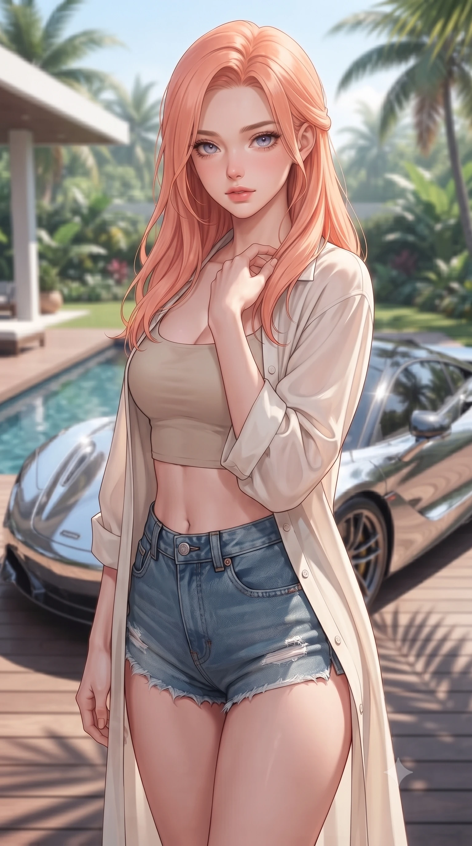score_9, masterpiece, best quality, ultra-detailed, high-budget anime keyframe, editorial fashion photography, tasteful artistic composition, Japanese woman. close-up cowboy shot from the waist and thighs up, the character dominates the composition, filling the frame with her large presence, background elements kept in soft focus. standing with one hand resting on her collarbone, looking at the viewer with bedroom-eyes the background shows a soft-focus a luxury villa pool deck with a parked supercar overlooking a tropical garden. She has an exceptionally elegant, slender, and willowy female figure with an ultra-slim waist, a gracefully sculpted slender torso, and a refined silhouette. sharp v-shaped jawline, high-bridge nose, intricate jewel-like eyes with depth, thick eyelashes, glossy lips with a natural sheen. wearing a slim-fit lightweight chiffon cover-up shirt worn open over a crop top and high-cut shorts. soft morning sunrays casting elegant shadows of palm leaves across the car. ultra-reflective glossy finish, specular highlights, metallic sheen, high-contrast stereoscopic depth, volumetric dynamic lighting, 2k, ultra detail, master piece, 9:16 ratio
